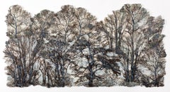 « Blue Mist Forest », contemporain, supports mixtes, tenture murale, ligne d'arbre, fibre