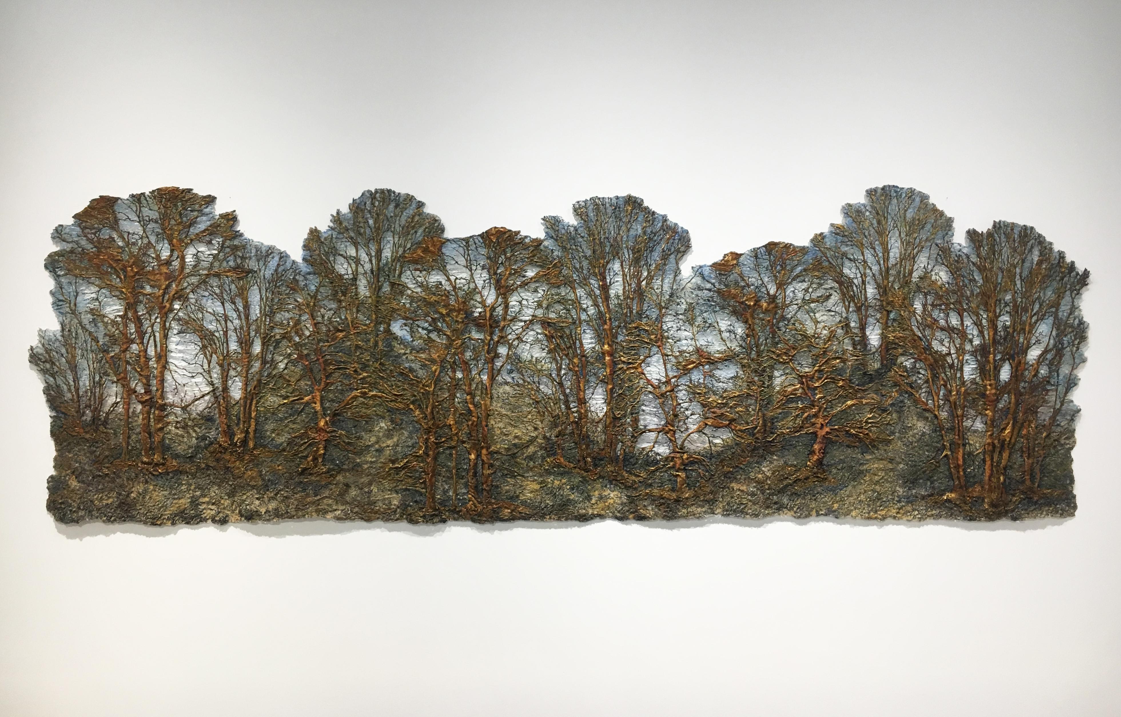 "Forest", soie et coton mixed media wall mounting sculpture, peinture et patina.