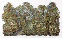 "Green Gold Forest", Contemporain, Mixed Media, Tenture murale, Ligne d'arbre, Fibre