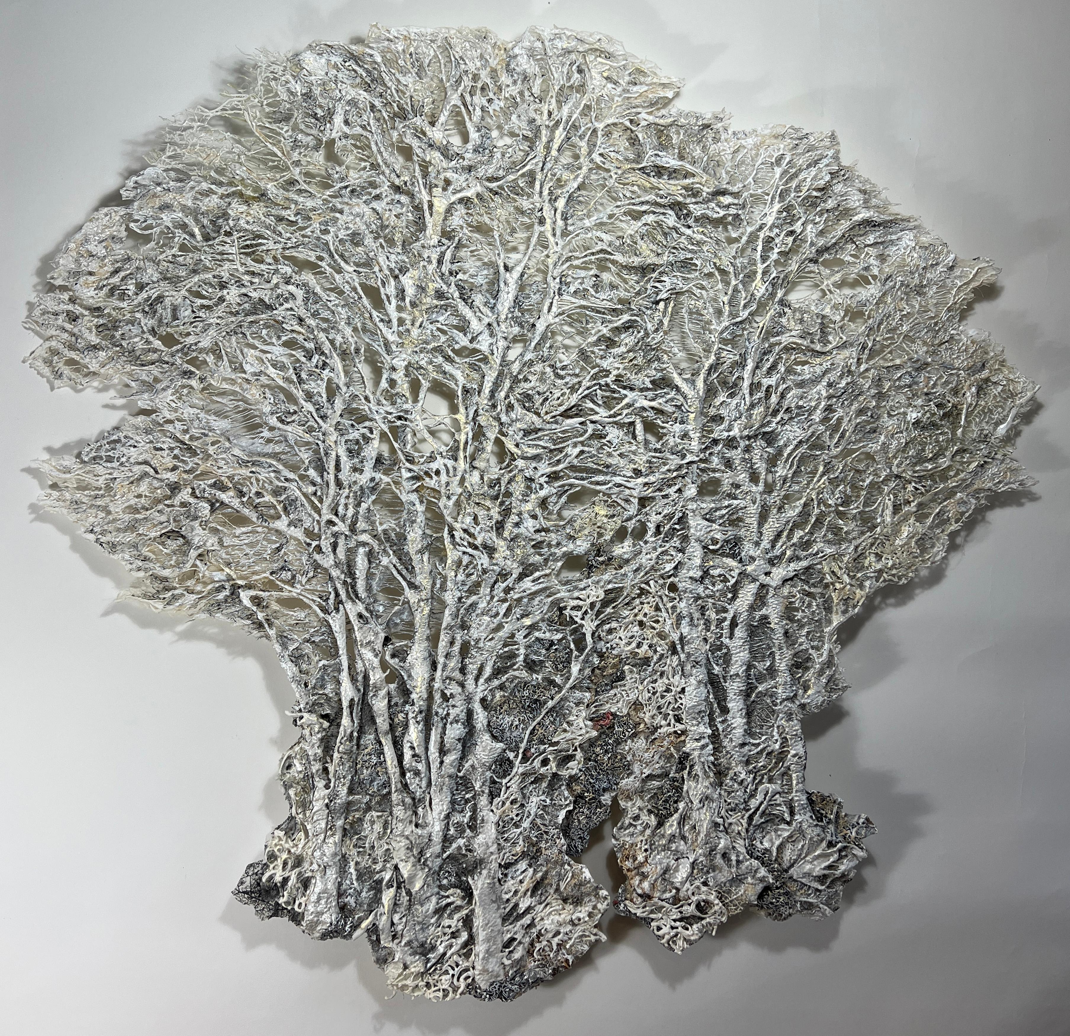 "Ice Trees", mixed media wall mounting sculpture made of cotton, silk, and kozo
