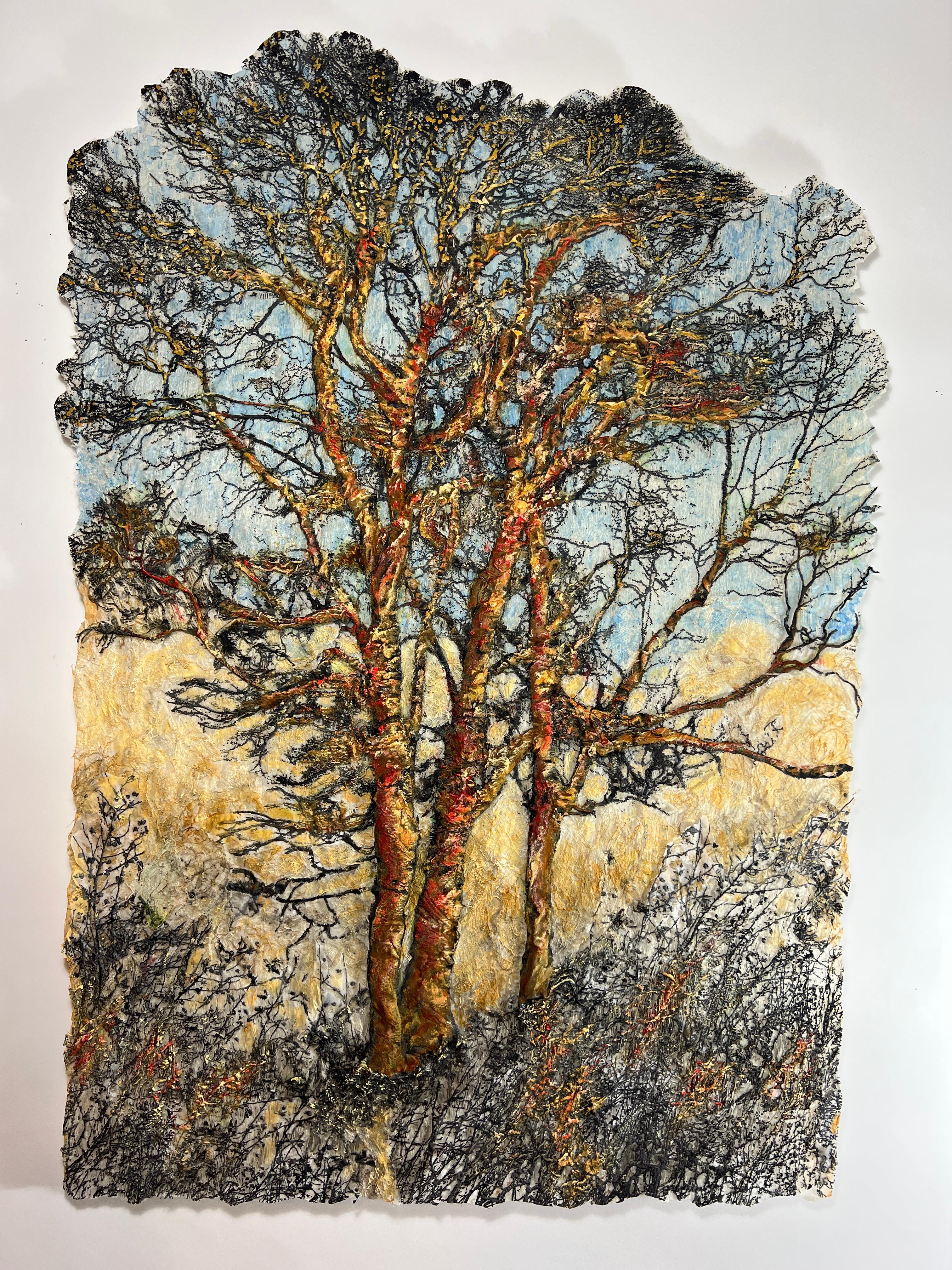 "Morning Light", mixed media wall mounting sculpture made of cotton, silk