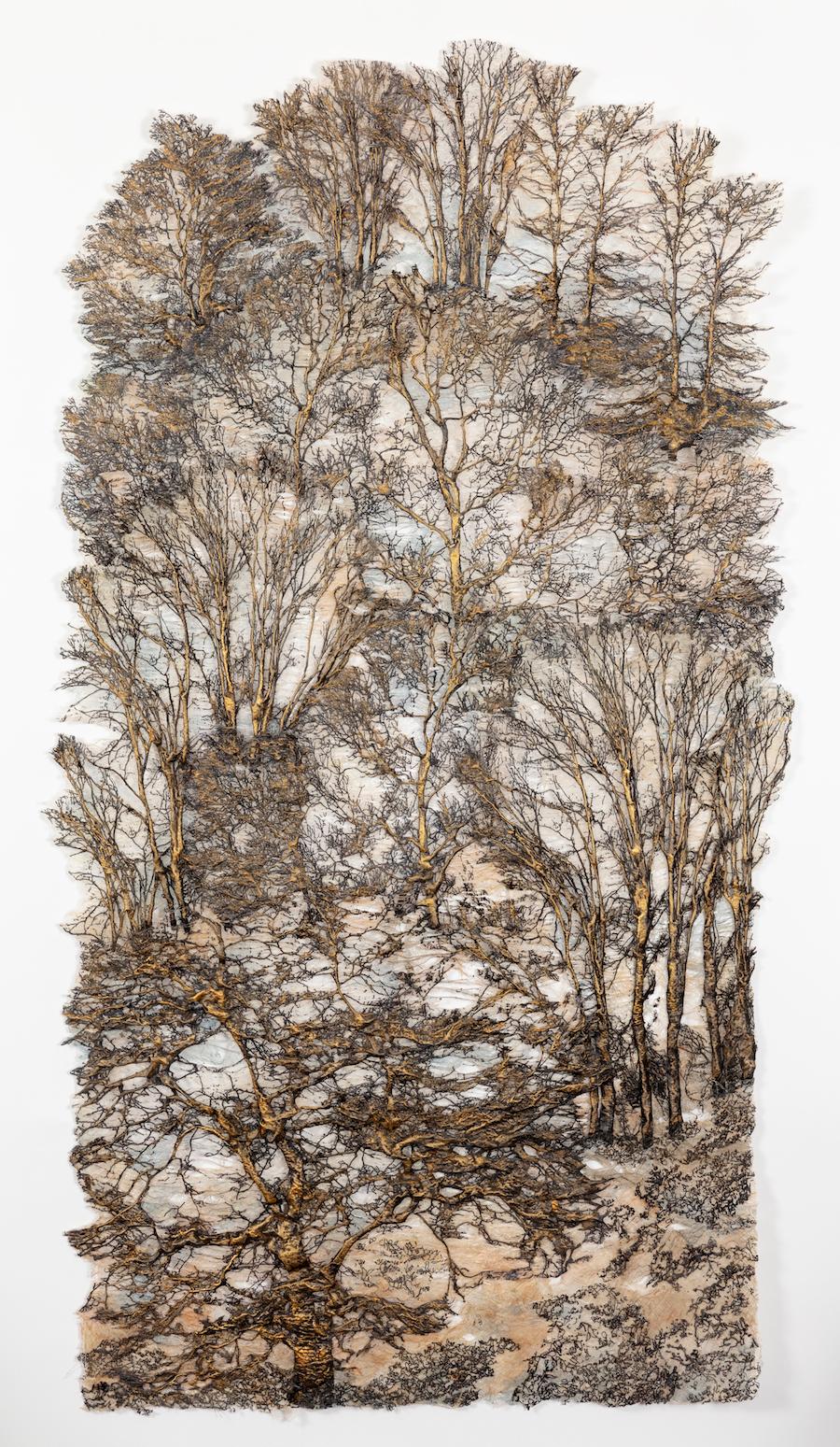 Lesley Richmond Still-Life Sculpture - "Secret Forest Gold", Contemporary, Mixed Media, Textile, Cotton, Silk, Paint