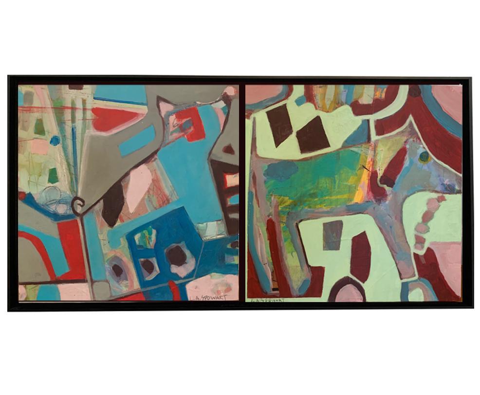"Dogs With Pearl" Diptych Mixed Media Contemporary Painting On Board By Lesley - Mixed Media Art by Lesley Spowart