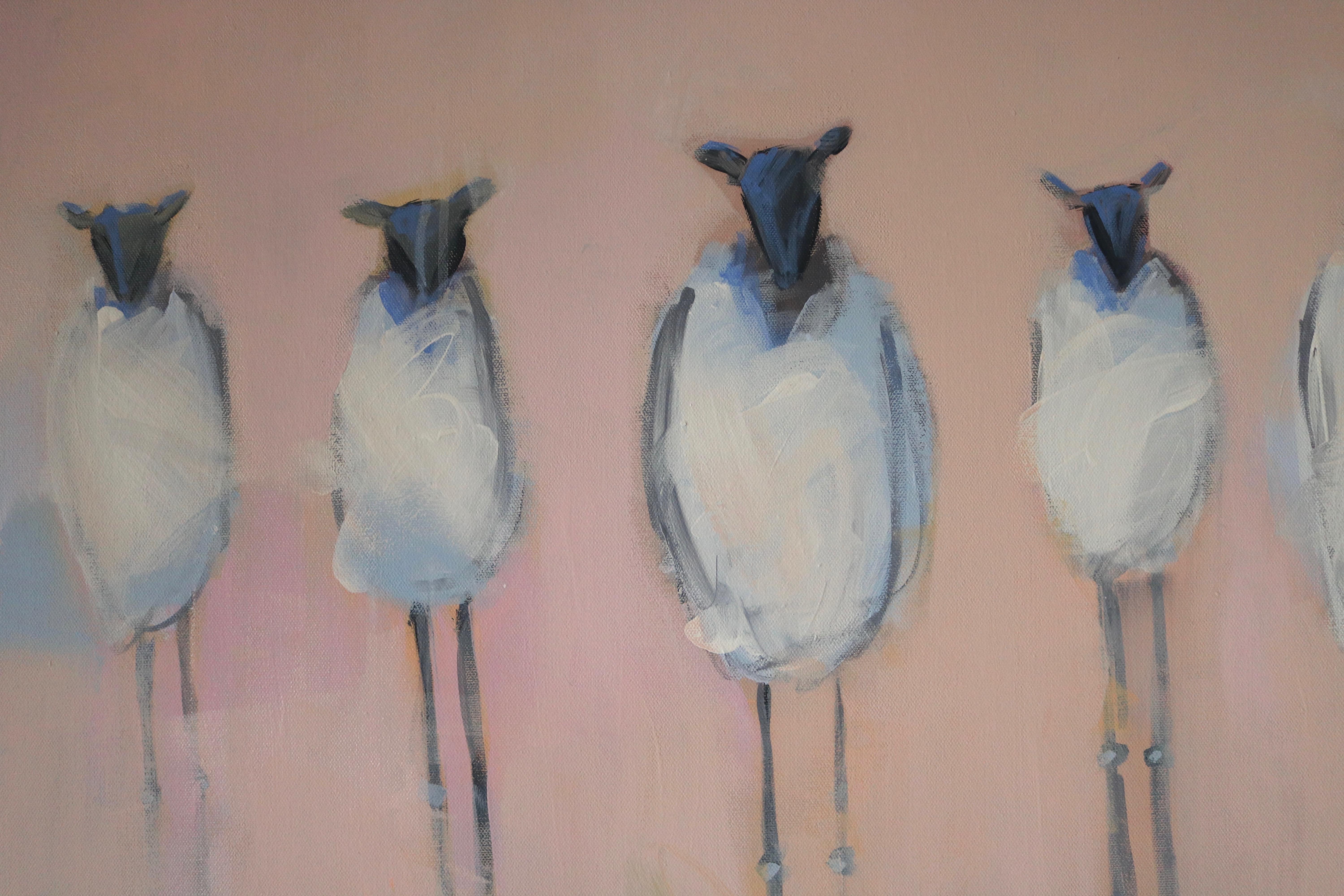 <p>Artist Comments<br />A quintet of white sheep with knobby knees stand together on pink. Part of Lesli DeVito's long running series of sheep, pairing these gentle animals with clever titles to represent human thoughts and groups. Of this painting,