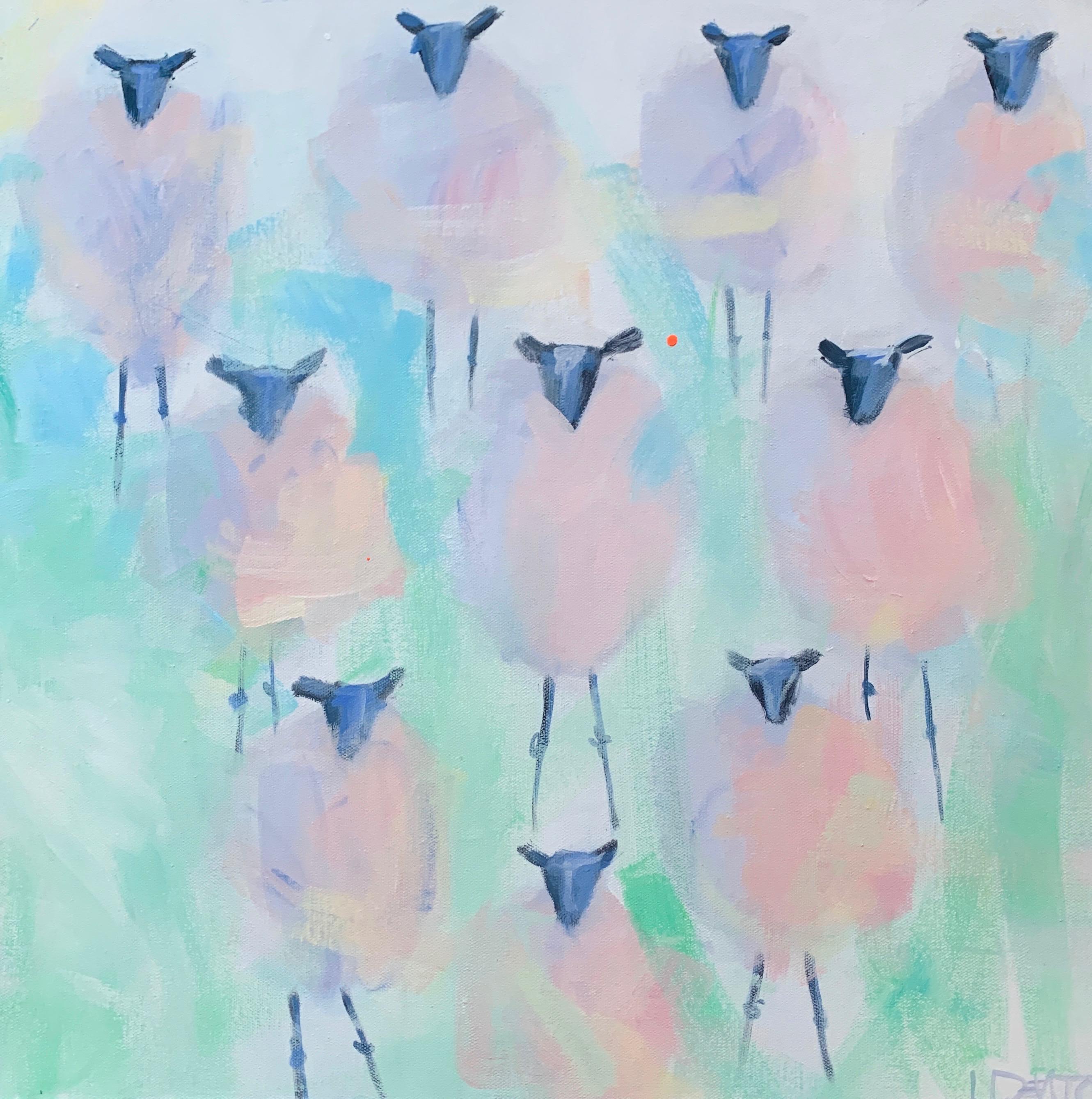 Lesli DeVito Animal Painting - Ten Sheeps to the Wind, Original Painting