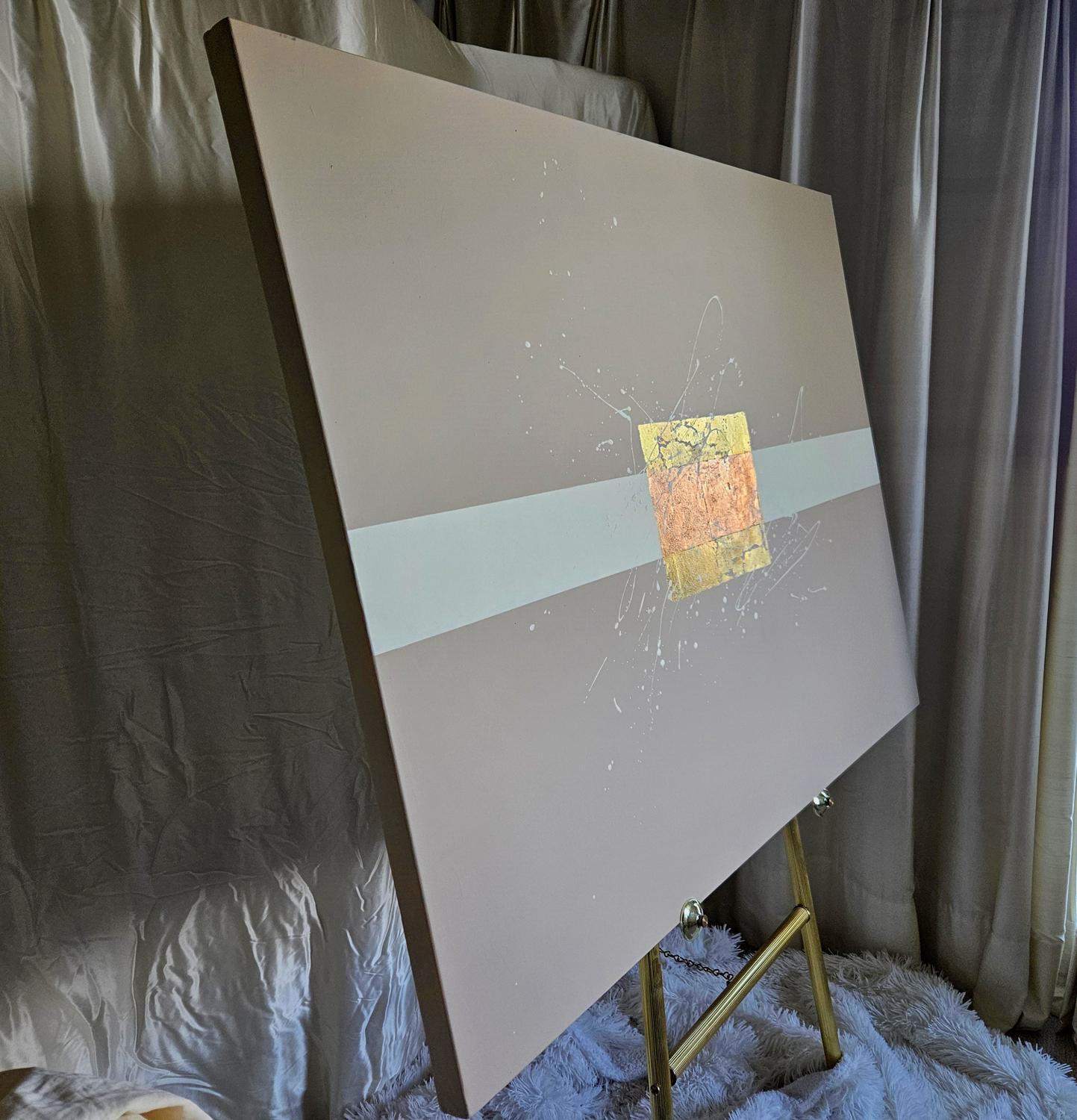<p>Artist Comments<br>Rectangular gold and copper leaf rest on top of a white band on a soft beige background. Spattered paint creates a sense of motion and spontaneity against the crisp lines. The composition radiates calmness.</p><br/><p>About the
