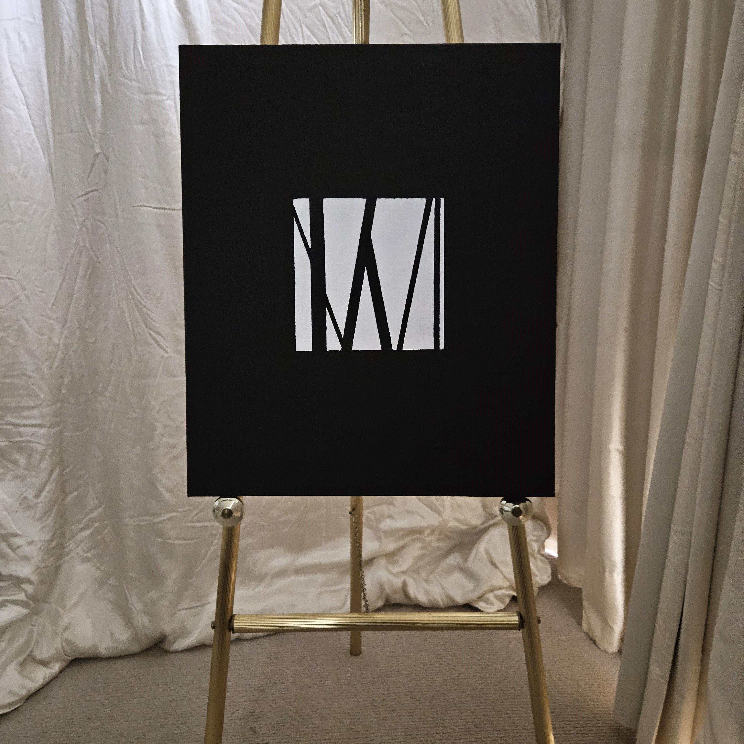 <p>Artist Comments<br>A white square, intersected by angled black lines, sits at the center of a dark background. The geometric forms draw the viewer into a focused visual dialogue. The stark contrast creates tension and movement, establishing a