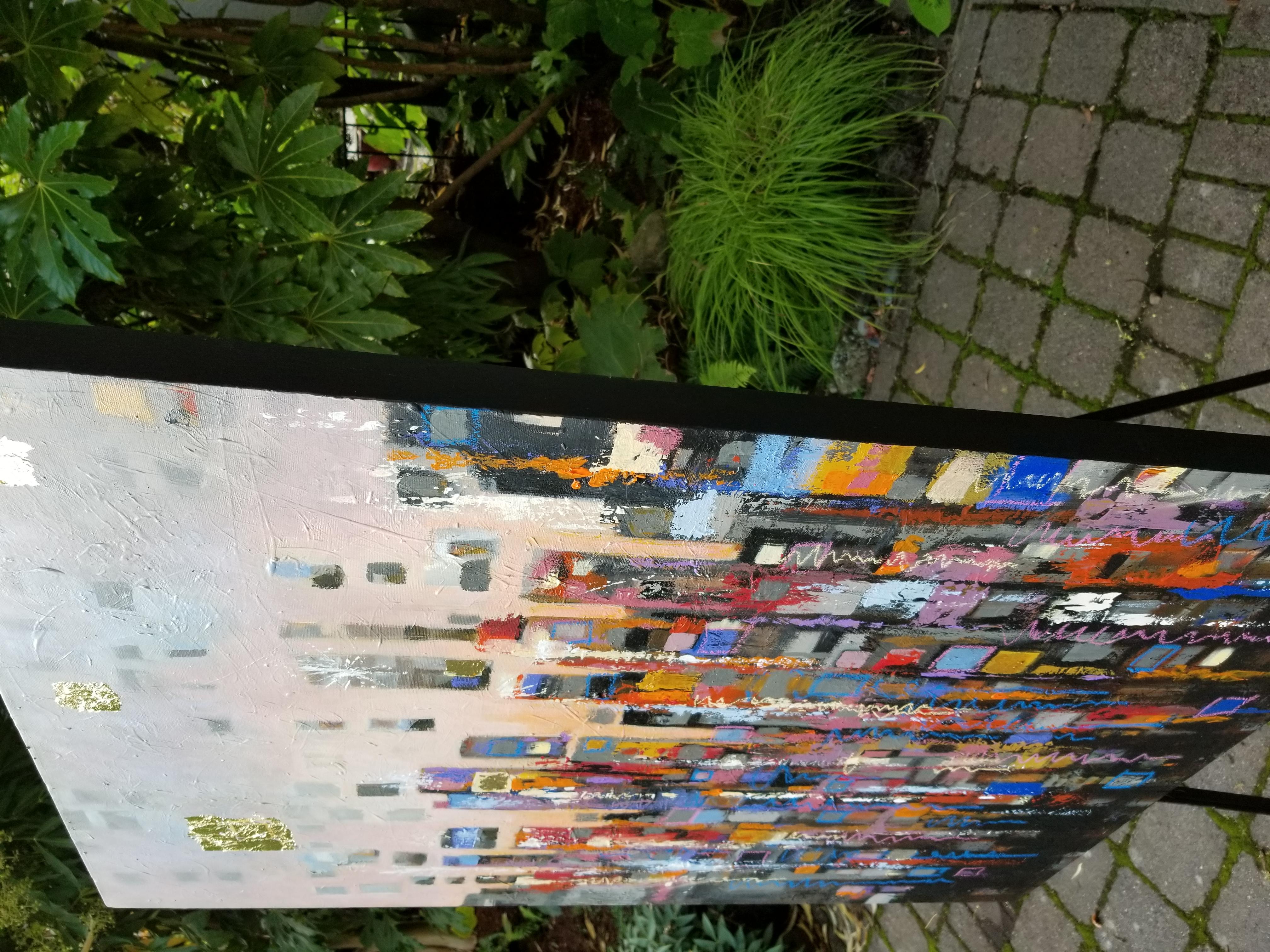 <p>Artist Comments<br>Artist Leslie Ann Butler offers a dreamy abstract of towering city lights amidst a warm glowing sunset. Utilizing a vibrant acrylic palette combined with the luminance of gold leaf and chalk accents, Leslie creates a