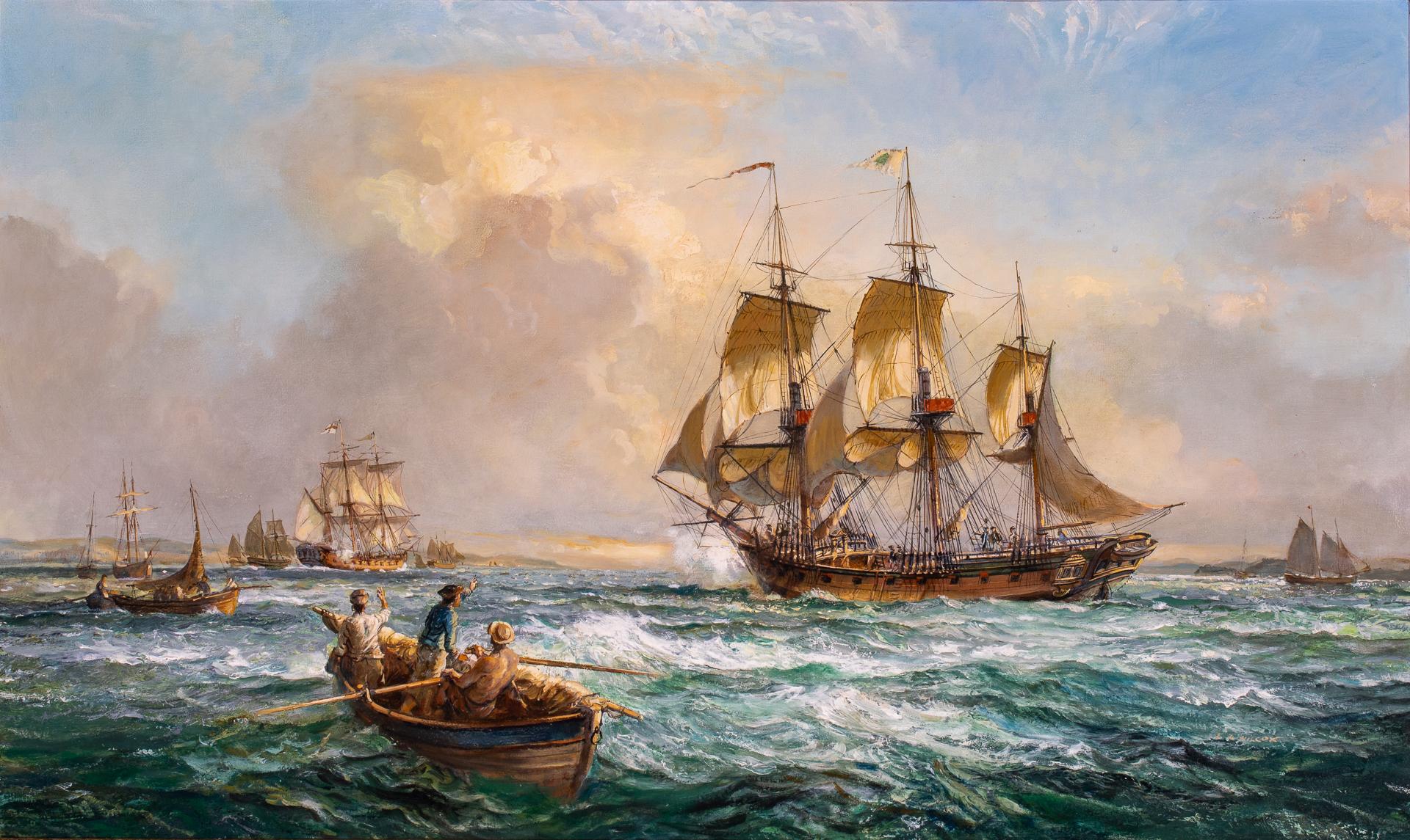 The Maryland Ship DEFENCE Chases the British Sloop OTTER Down Chesapeake Bay - Painting by Leslie Arthur Wilcox