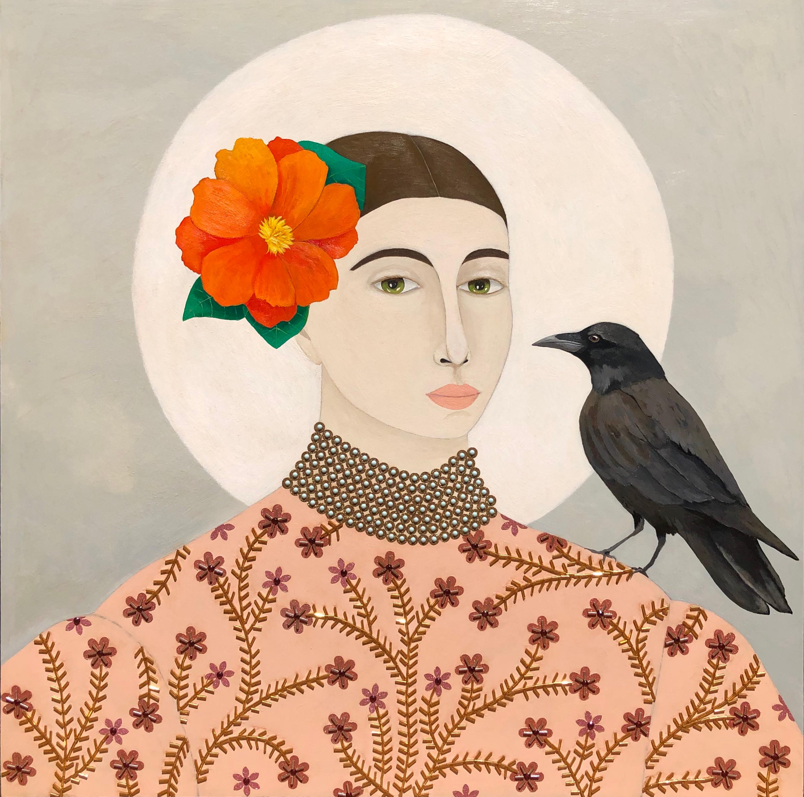 Leslie Barron Portrait Painting - "Admiration" Neutral mixed media portrait of woman and crow with orange flower