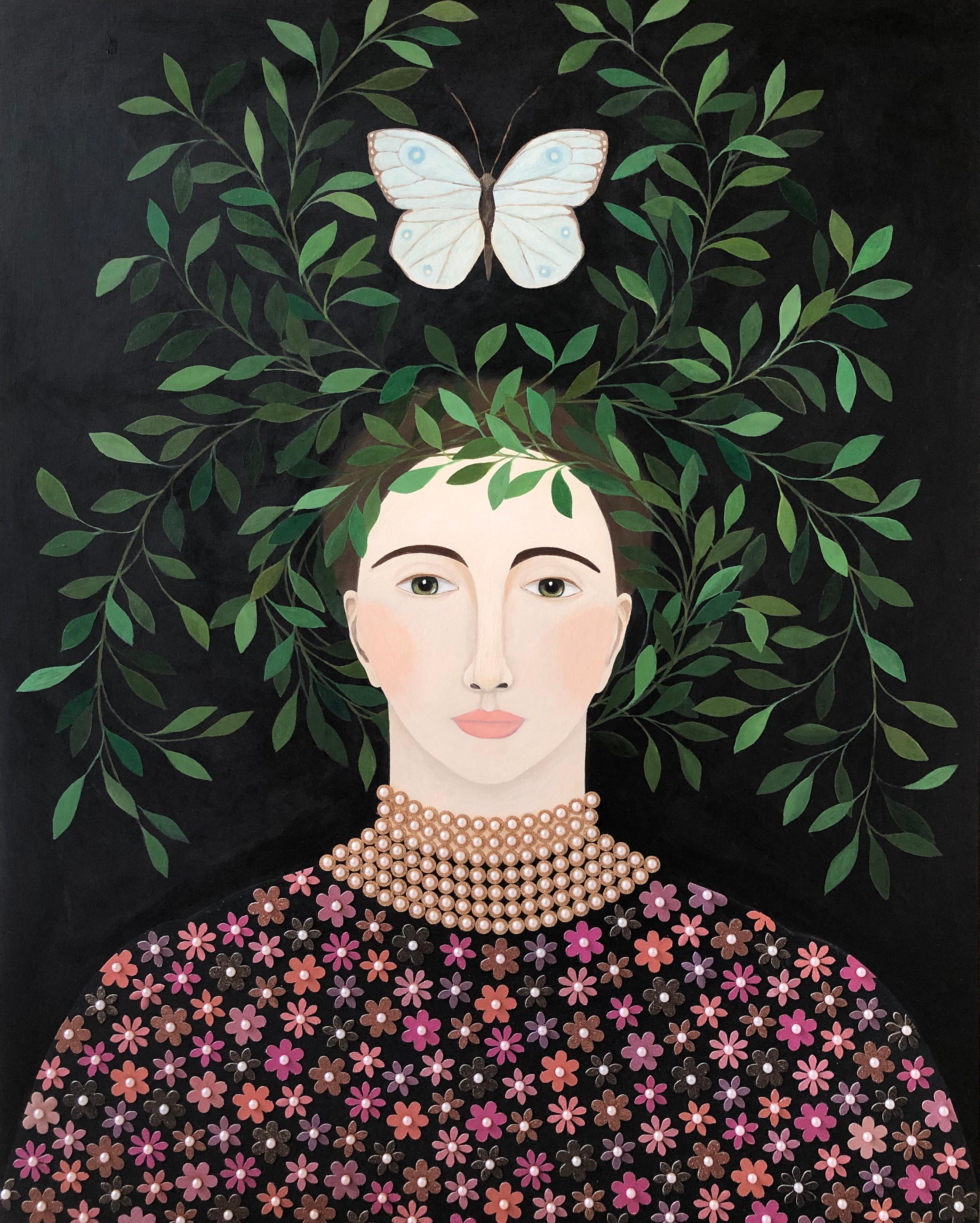 Leslie Barron Portrait Painting - "Hover II" mixed media portrait of woman with leaves, white butterfly on black