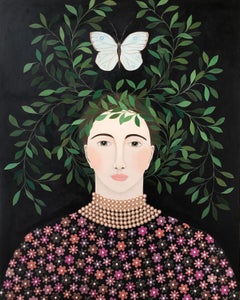 "Hover II" mixed media portrait of woman with leaves, white butterfly on black