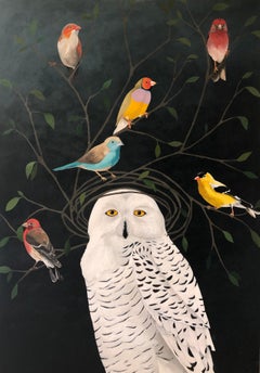 "Snowy Owl with Finches" mixed media portrait of a white owl on black background