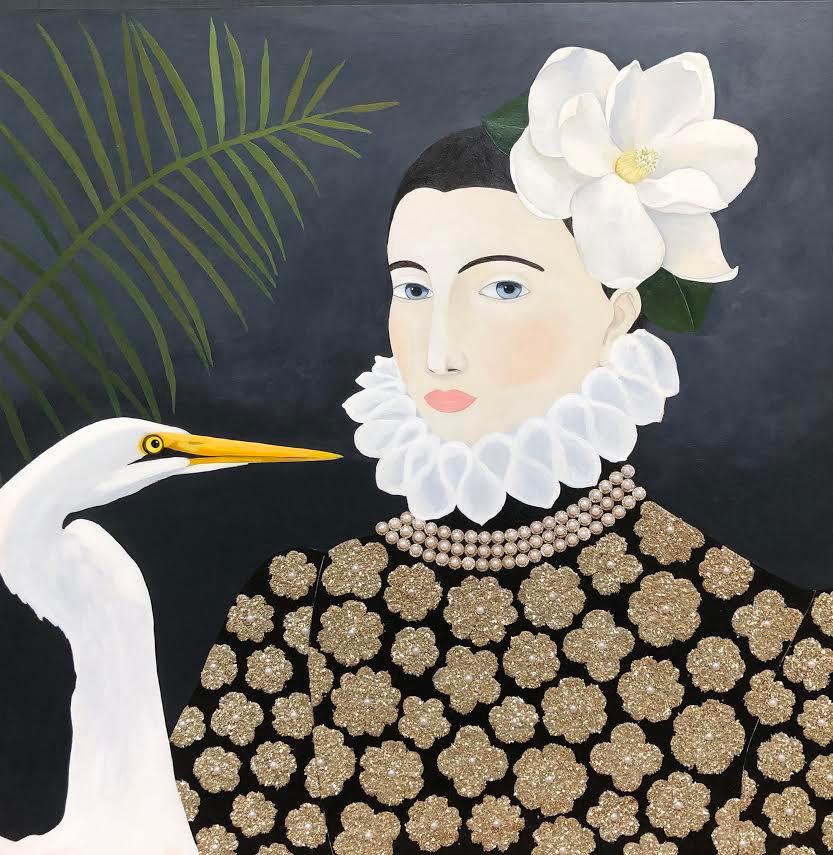 Leslie Barron Portrait Painting - "Woman with Egret" mixed media portrait of a woman in baroque top with flower