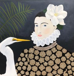 "Woman with Egret" mixed media portrait of a woman in baroque top with flower