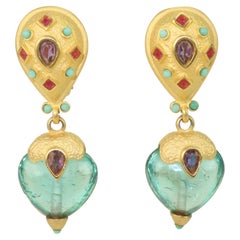 Leslie Block Aquamarine, Turquoise & Ruby Glass Drop Gold Tone Earrings