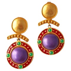 Leslie Block Ruby Enamel & Purple Cabochon Byzantine Statement Earrings, 1980s