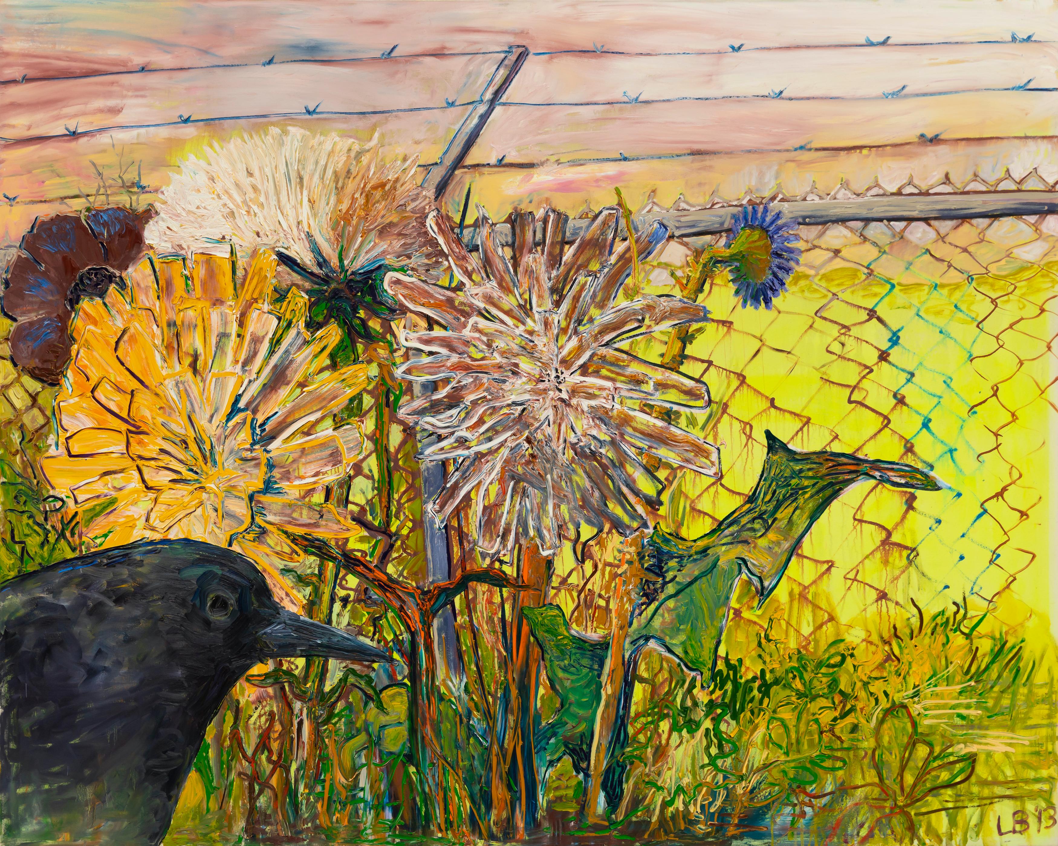 Blackbird and Fence, Oil on Canvas, 2013 - Painting by Leslie Bostrom