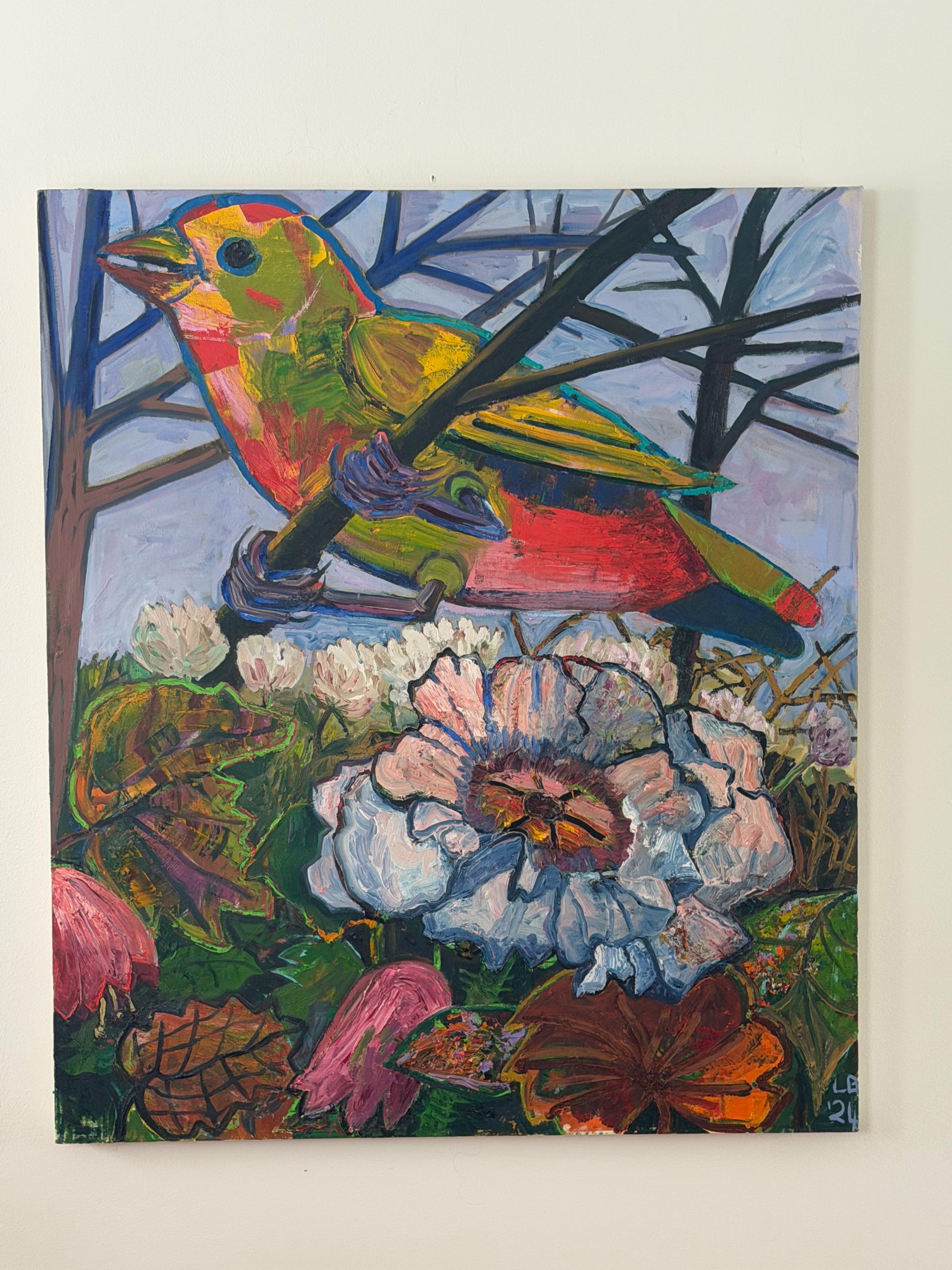 Tanager, birding, birds, blue, soft colors, bold images flowers and bird