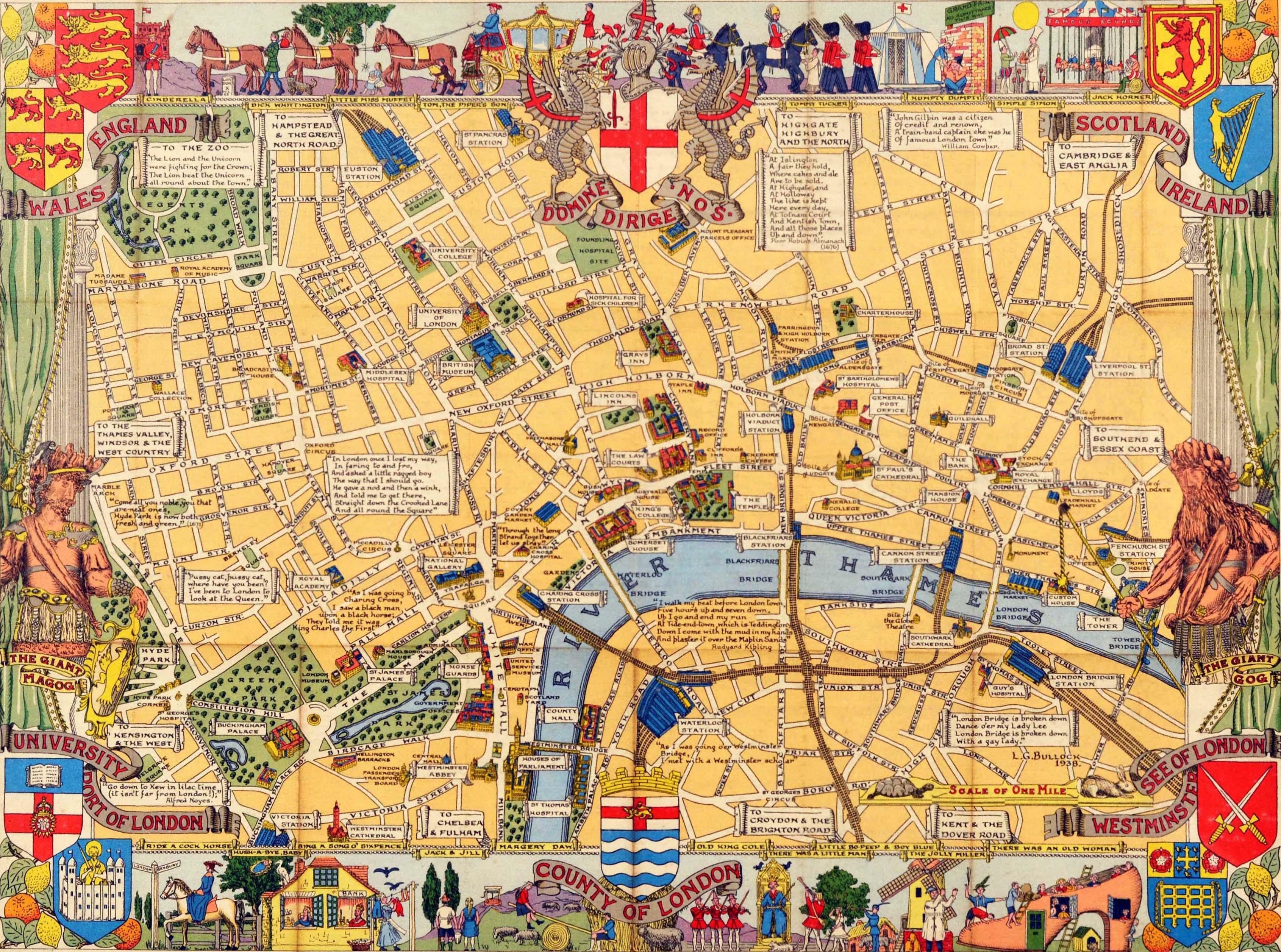Affiche originale de carte de voyage dépliante - Children's Map of London - présentant les rues, les parcs, les voies ferrées et la Tamise, ainsi que des images des principaux lieux d'intérêt, des attractions touristiques et des bâtiments