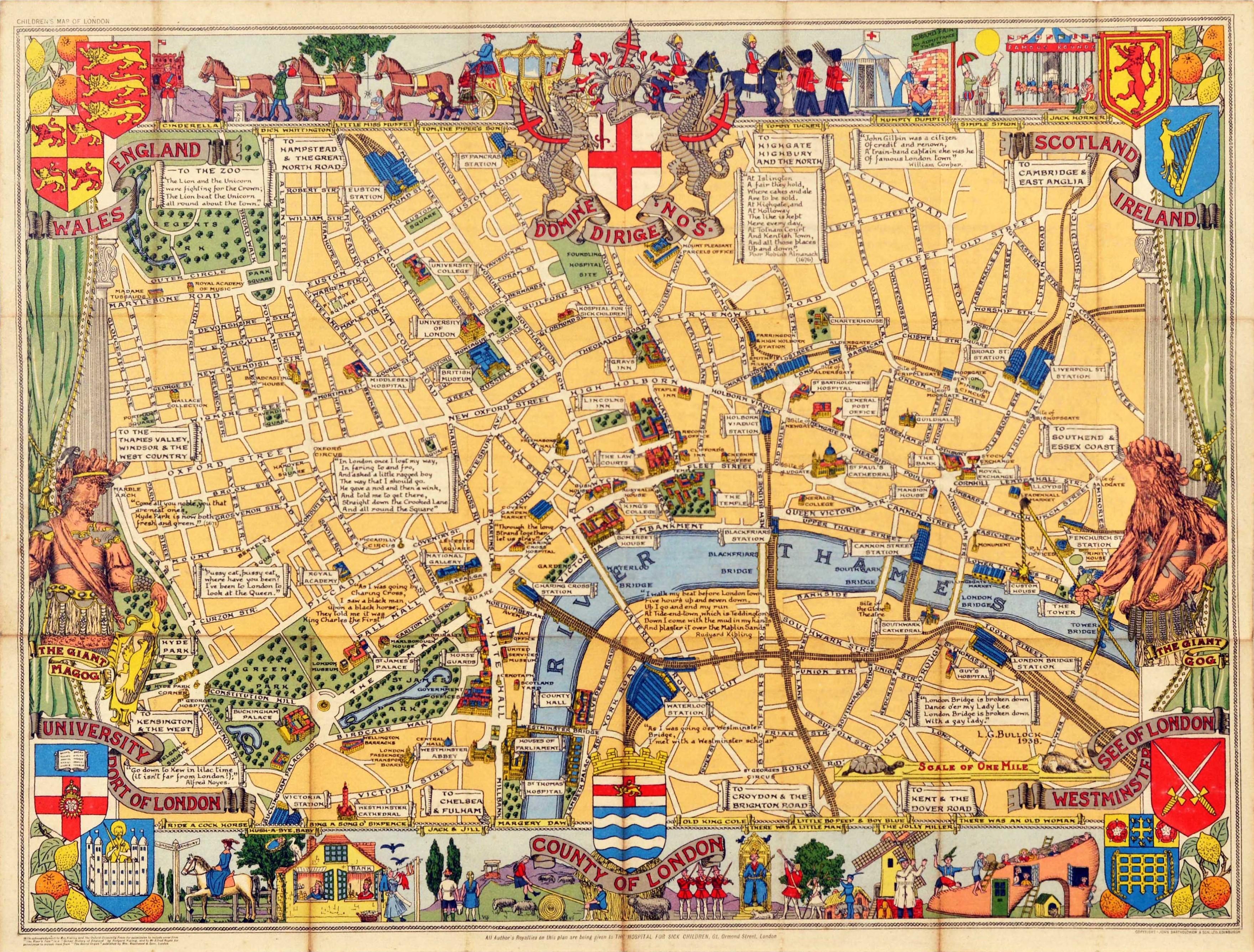 Print Leslie Bullock - Affiche de voyage d'origine pour enfants d'une carte des fairytales de Londres