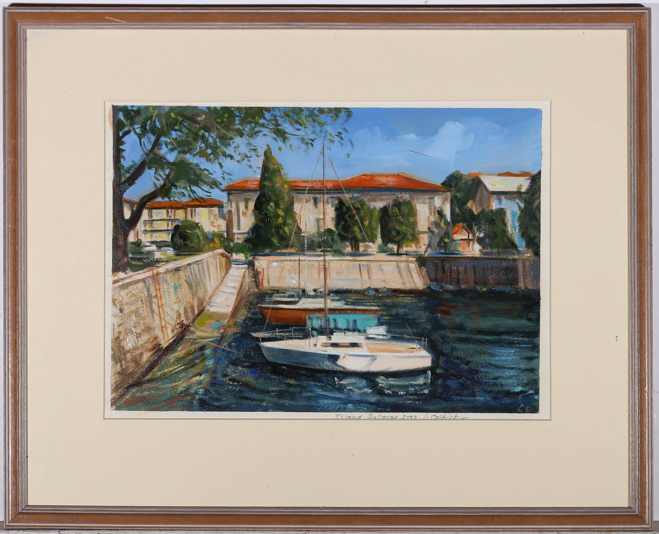 A colourful impressionistic oil painting, by Leslie Coldrick, depicting moored boats in a harbour with continental coastal apartments across the street. Signed in graphite. The painting is well presented in a sleek wooden frame and cream mount.