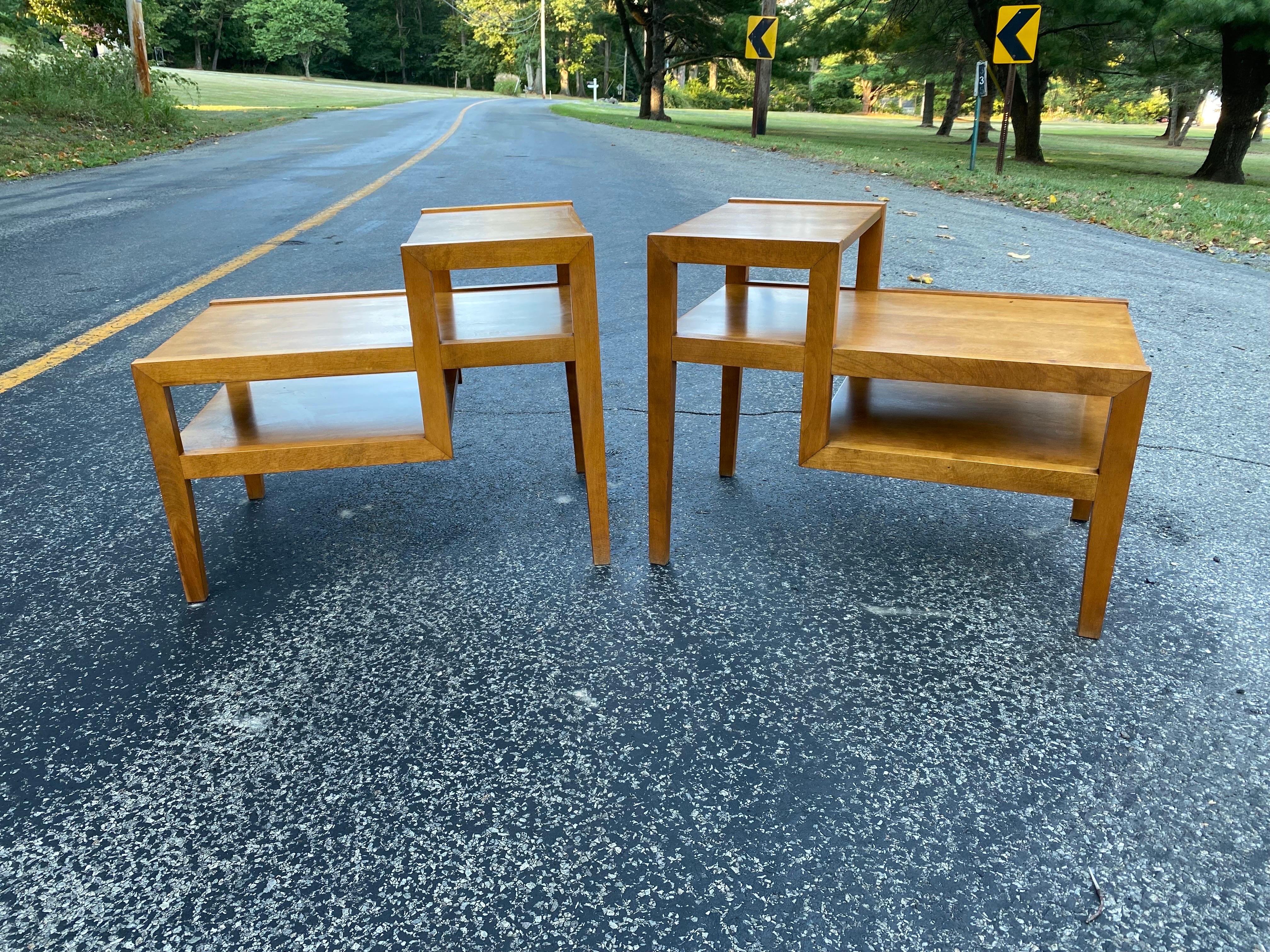 Leslie Diamond for Conant Ball Maple end tables or sofa tables. In great Shape, probably refinished in last 5-10 years. Architectual Simple solid Design that would fit into multiple spaces! Stamped with makers marks on bottom. Lowe Level is 17