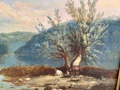 Paesaggi rurali inglesi del XIX secolo, con capre lungo un fiume e persone