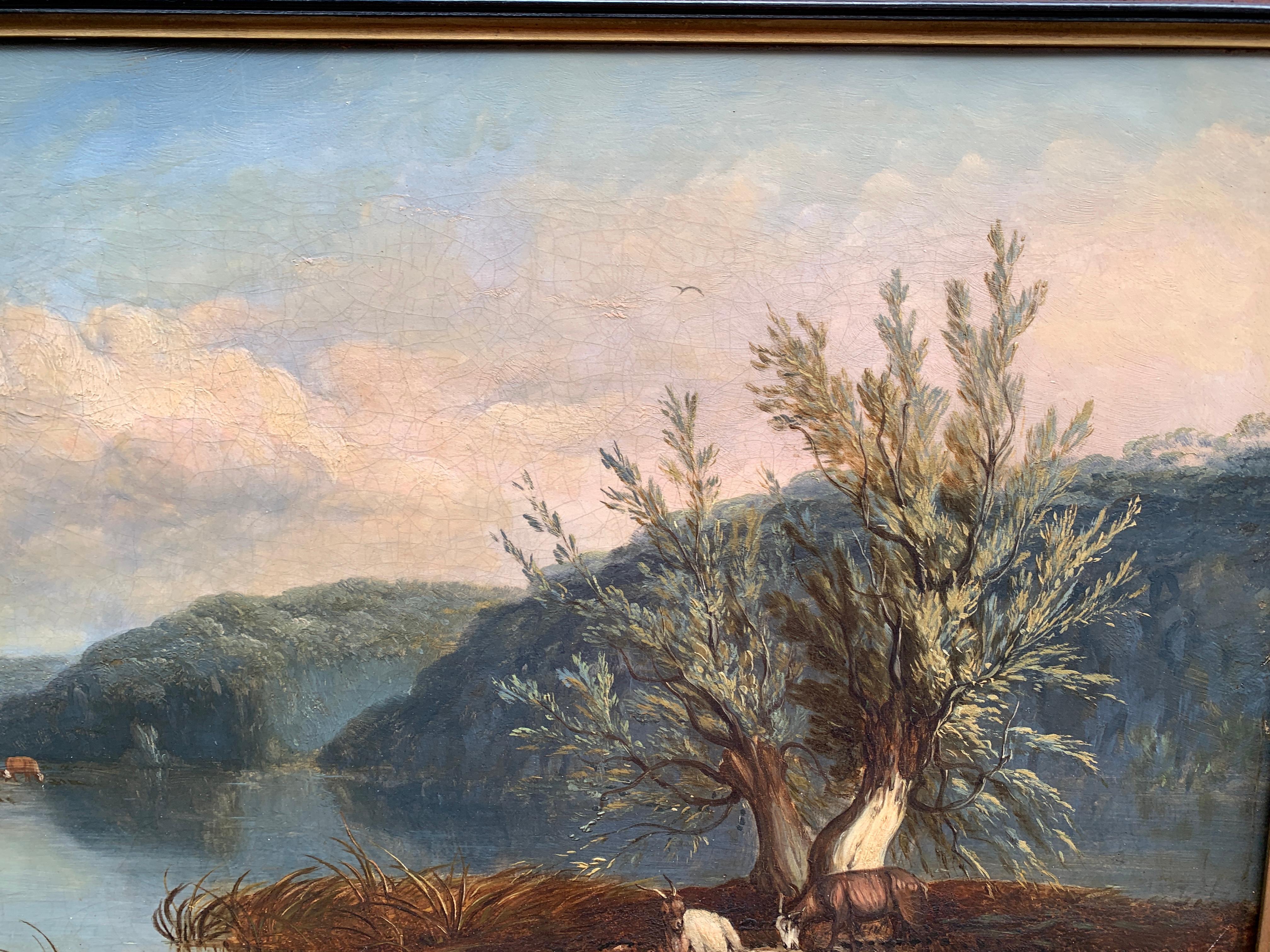 Paesaggi rurali inglesi del XIX secolo, con capre lungo un fiume e persone - Painting Vittoriano di LESLIE E.B. SMYTHE