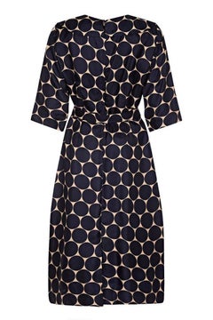 Leslie Fay 1950s Silk Navy and Cream Circle Print Dress With Belt