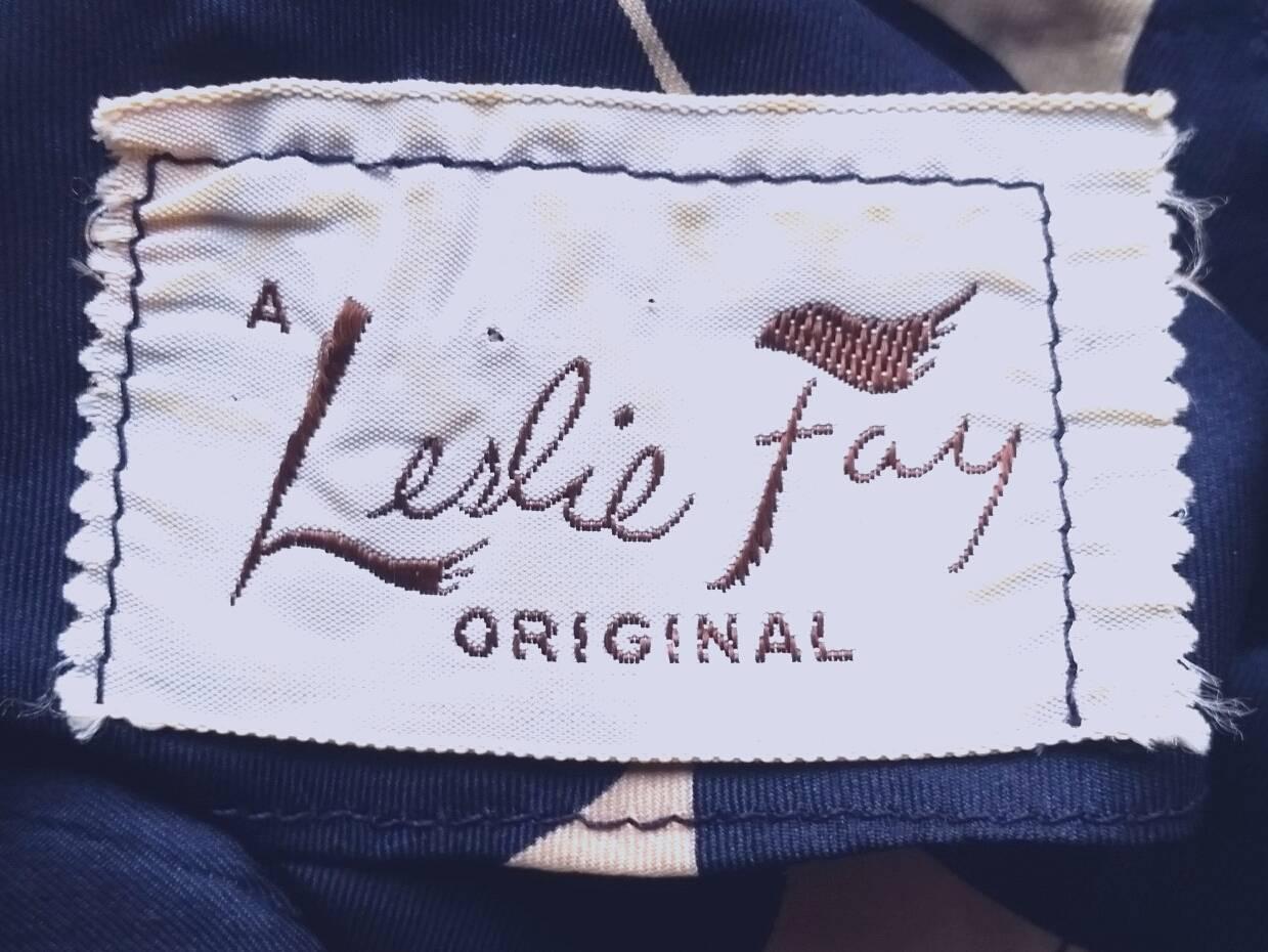 Black Leslie Fay 1950s Silk Navy and Cream Circle Print Dress With Belt