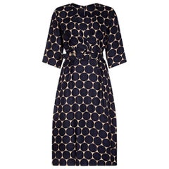 Vintage Leslie Fay 1950s Silk Navy and Cream Circle Print Dress With Belt