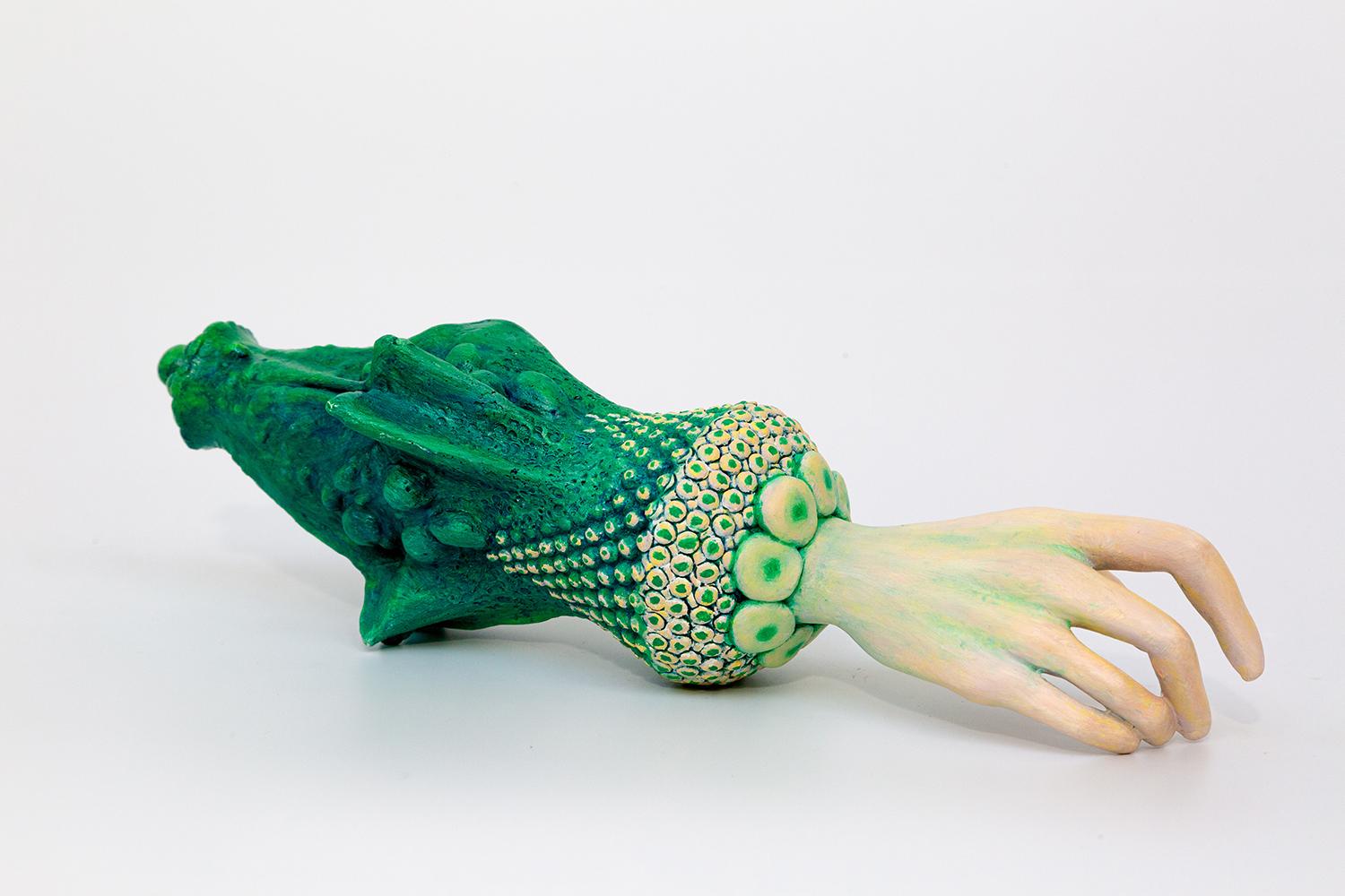 A 2023 recipient of the Vermont Governor’s Award for Excellence in the Arts,

Leslie Fry is represented in this show with fantastical sculptures of female hands, titled the “Cuffed” series.   Tensely poised and mannered gestures, inspired by