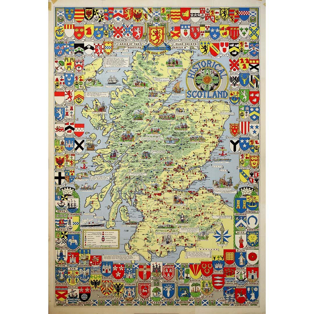 Este Mapa Histórico de Escocia, ricamente detallado, creado hacia 1960 por Leslie George Bullock, es un célebre ejemplo de la cartografía pictórica de mediados del siglo XX. Bullock fue un ilustrador británico y antiguo funcionario convertido en
