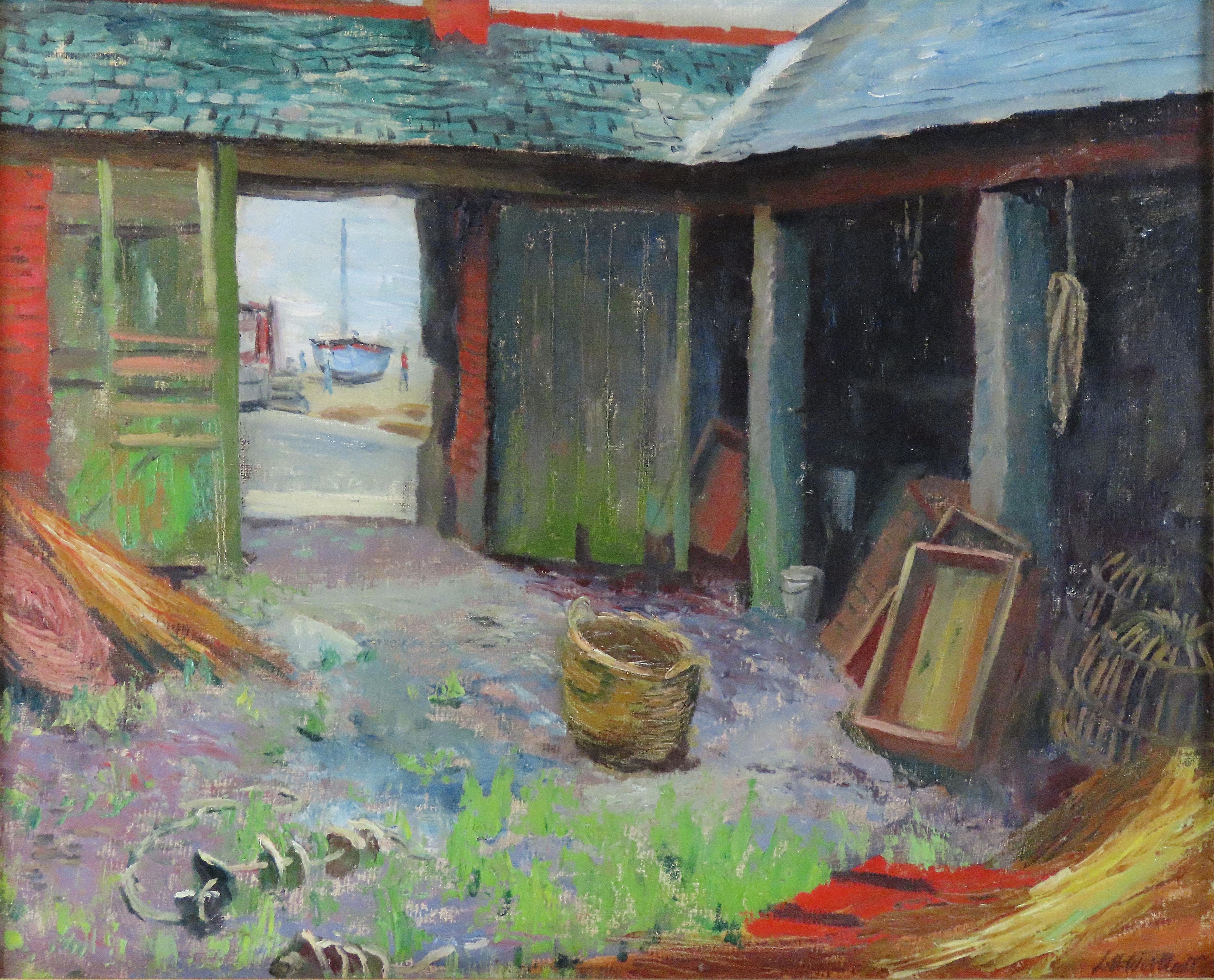 Original Ölgemälde auf Leinwand, Leslie Hall Woollatt. „The Fisherman's Yard“ (Grau), Landscape Painting, von Leslie Hall Woollatt 