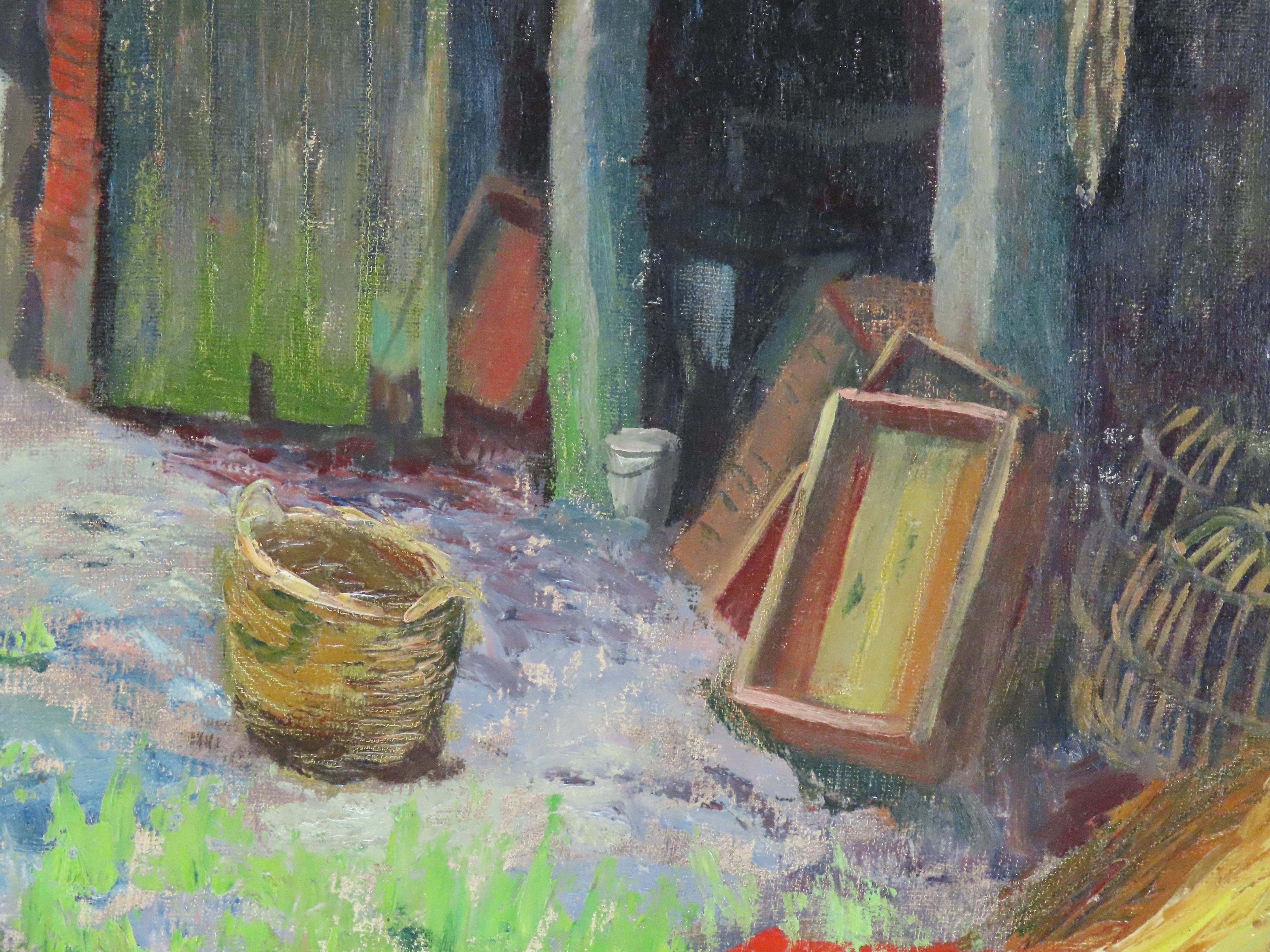 Original Ölgemälde auf Leinwand, Leslie Hall Woollatt. „The Fisherman's Yard“ im Angebot 1