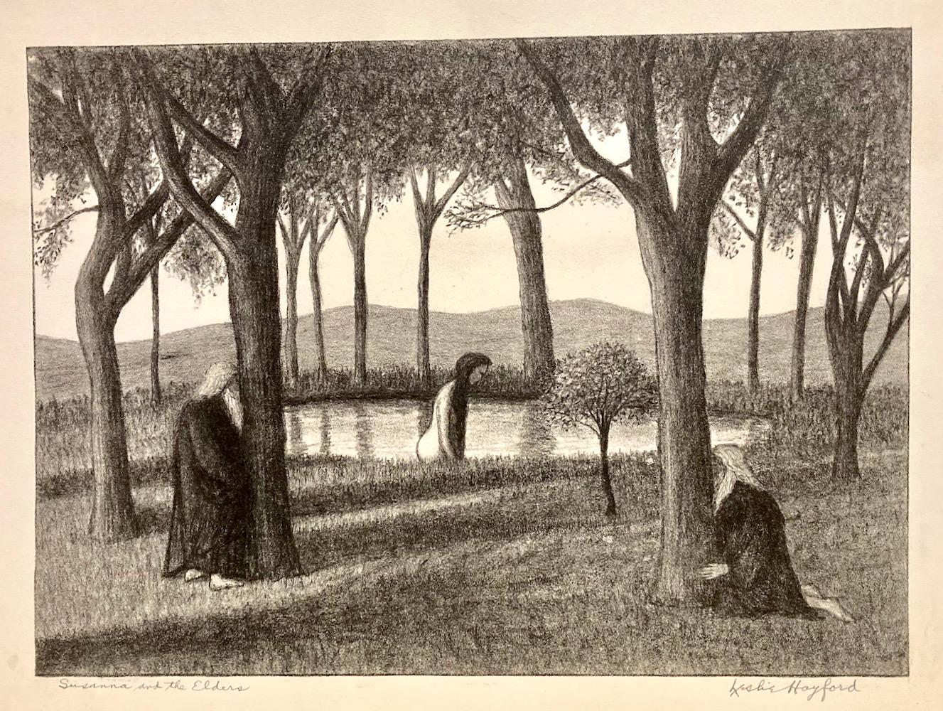 Was there ever such a strange biblical image? Leslie Hayford (1902-1965) has a lovely Susanna minding her own business. Meanwhile two robed and bearded 'Elders,' are trying to make themselves invisible by hiding behind two slim trees. Is Hayford