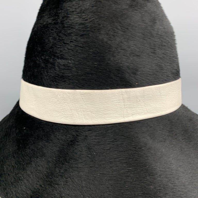 LESLIE JAMES Black Hair Textured Felt White Leather Strap Hat at
