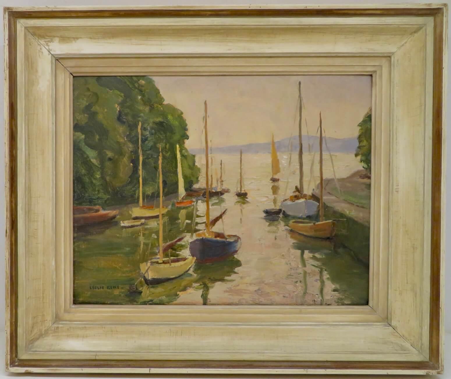 ARTIST: Leslie Kent RBA (1890-1980) British 
TITLE:  "Almond River Anchorage, Firth Of Forth Scotland"
SIGNED: lower right 
MEDIUM: oil on canvas
SIZE: 63cm x 52cm inc frame
CONDITION: very good
DETAIL: Oil painter, mainly of marine and coastal