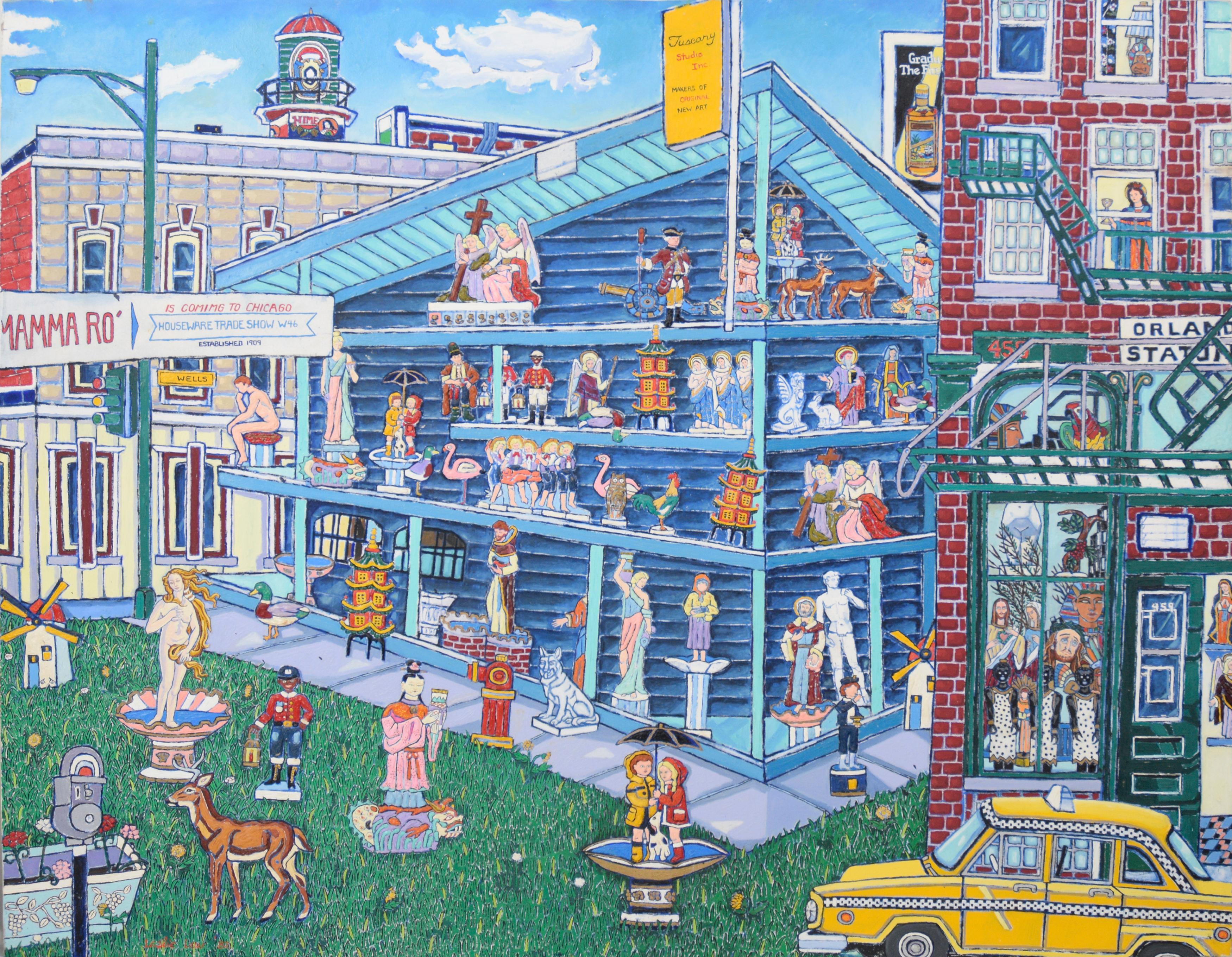 Figurative Painting Leslie Lew - Grande peinture à l
huile du Chicago Trade Show « Makers of Original New Art »