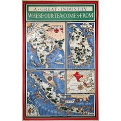 Vintage MacDonald Gill's 1937 original map, titled A Great Industry Where Our Tea Comes