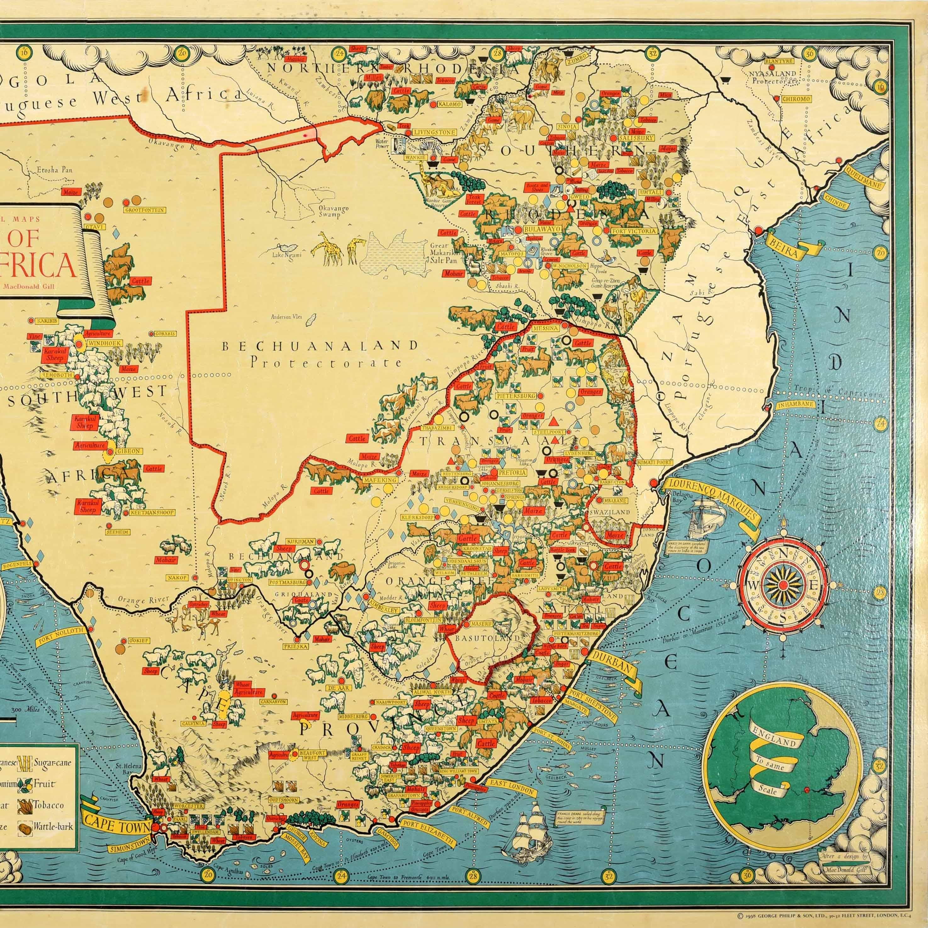 Affiche originale de carte illustrée d'époque pour l'Union d'Afrique du Sud - Carte picturale de Philips basée sur les dessins originaux du célèbre graphiste, cartographe, artiste et architecte britannique Leslie MacDonald Gill (1884-1947) - La