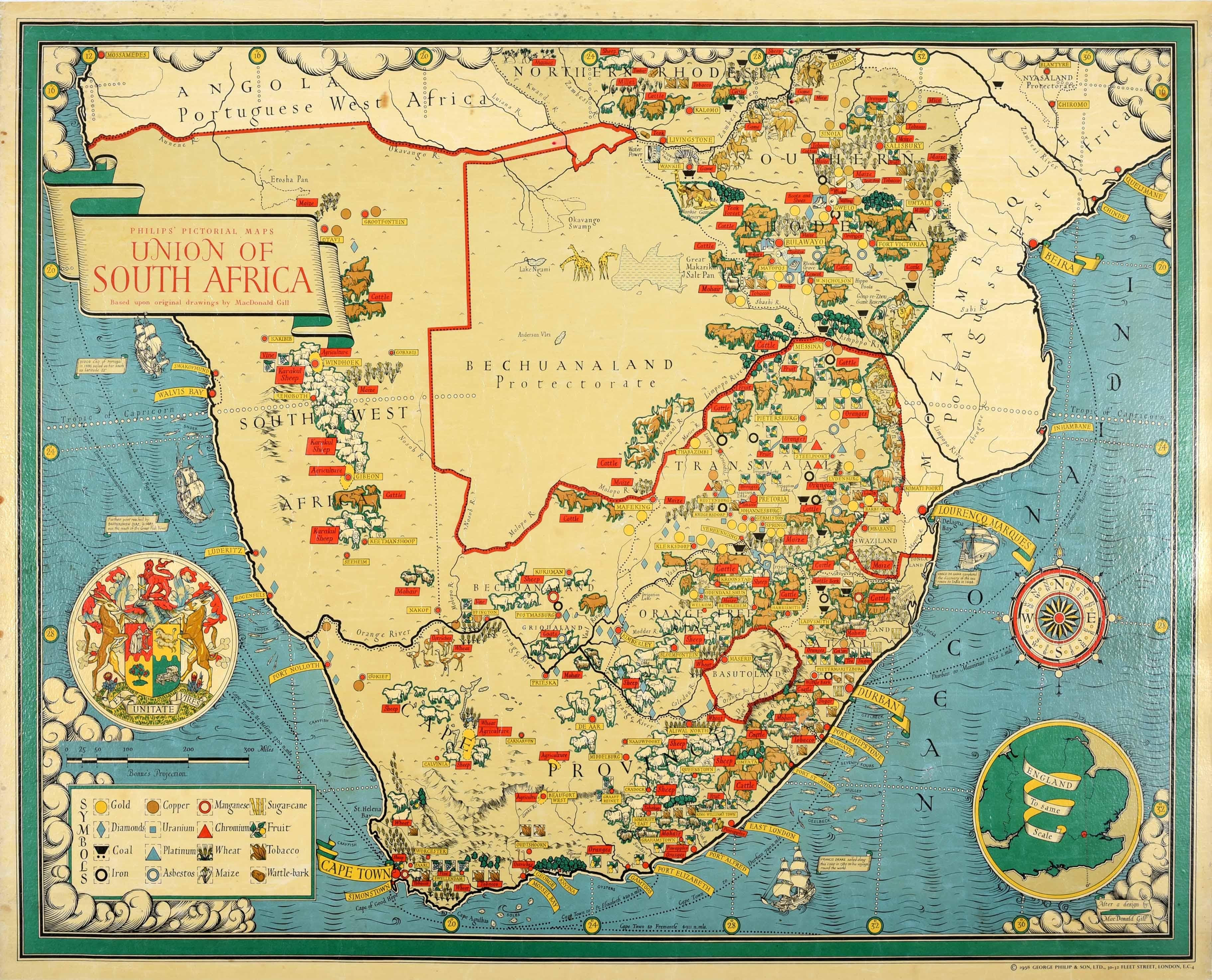 Print Leslie MacDonald Gill - Affiche vintage originale d'une carte illustrée Union of South Africa MacDonald Gill