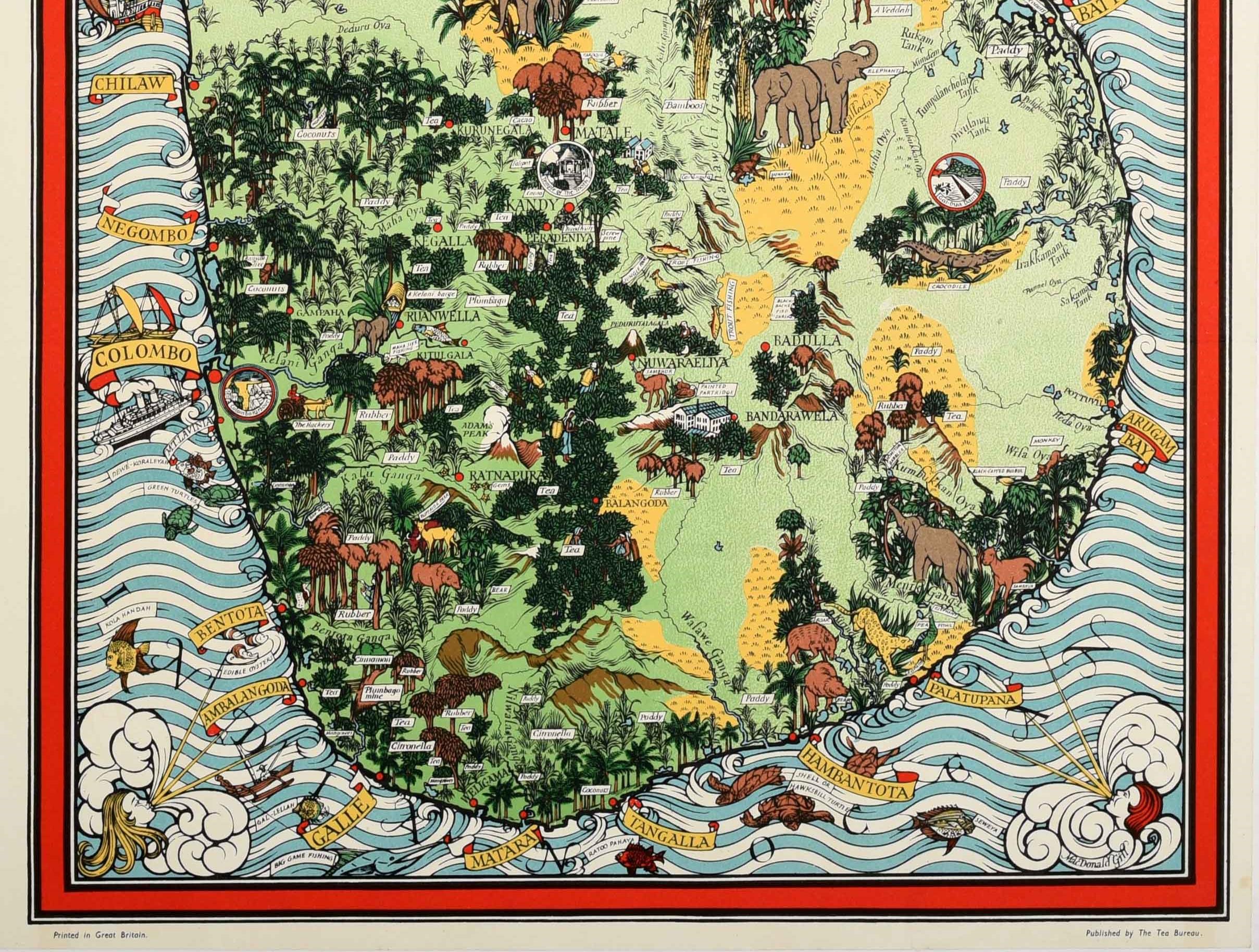 Original Vintage Pictorial Map Poster Ceylon Tea And Other Industries Sri Lanka - Print Beige de Leslie MacDonald Gill