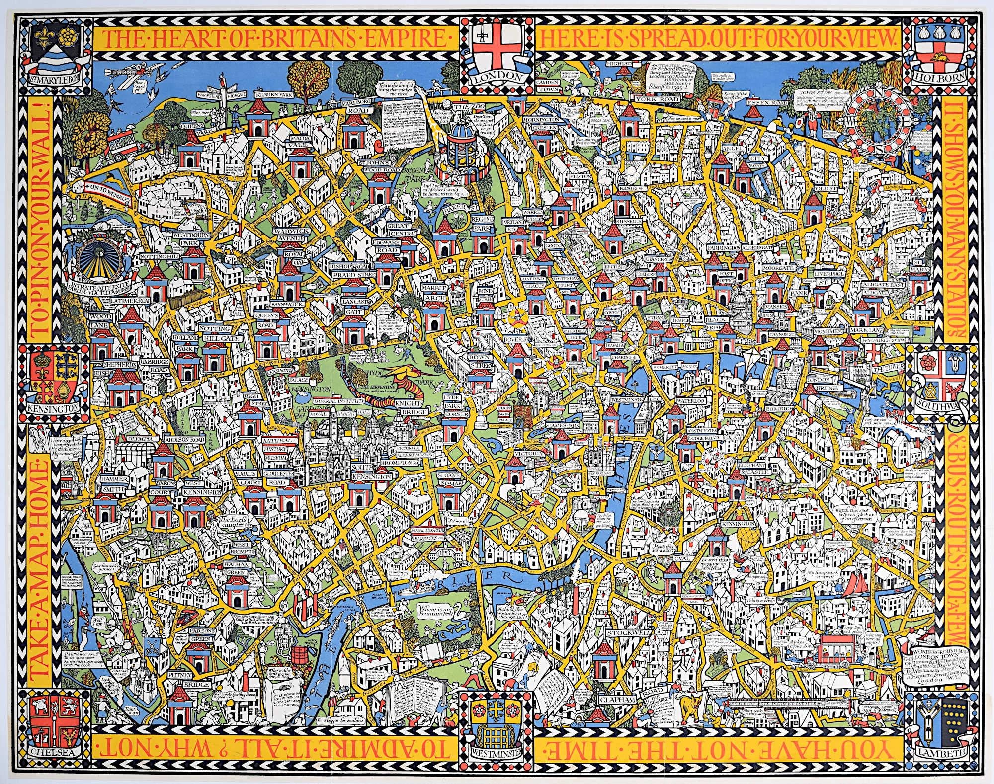 Leslie MacDonald Gill Landscape Print - Wonderground Map of London by MacDonald 'Max' Gill c. 1924 original poster 