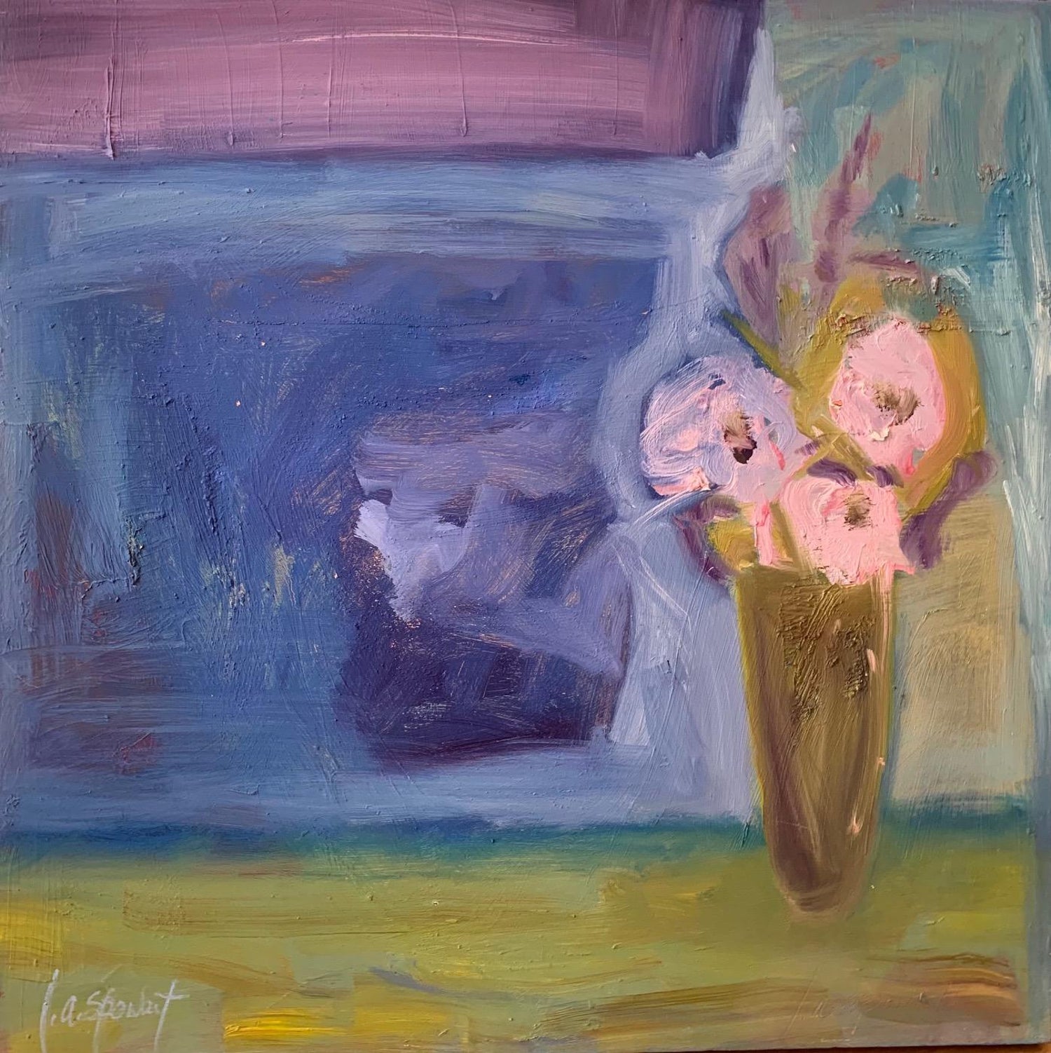 Lesley Spowart Pink Flowers Green Vase Oil On Canvas 30 X 30 By Lesley For Sale At 1stdibs
