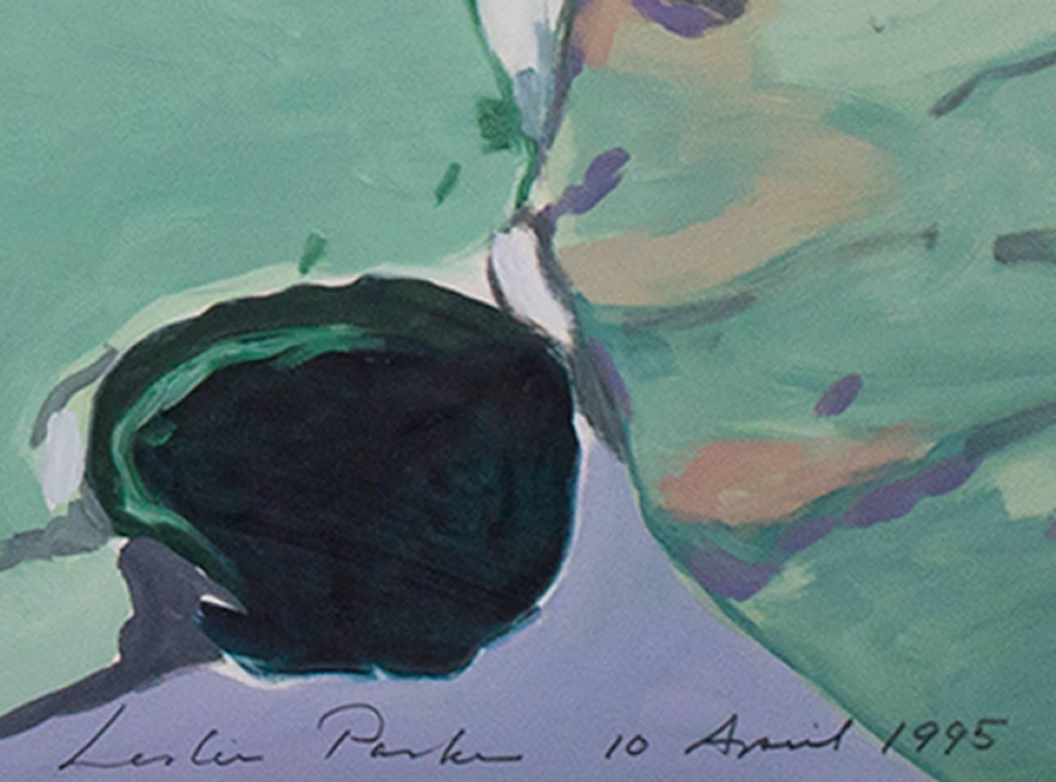 Pintura al óleo contemporánea fotorrealismo primer plano reflejo de nenúfar en el agua firmada - Painting de Leslie Parke