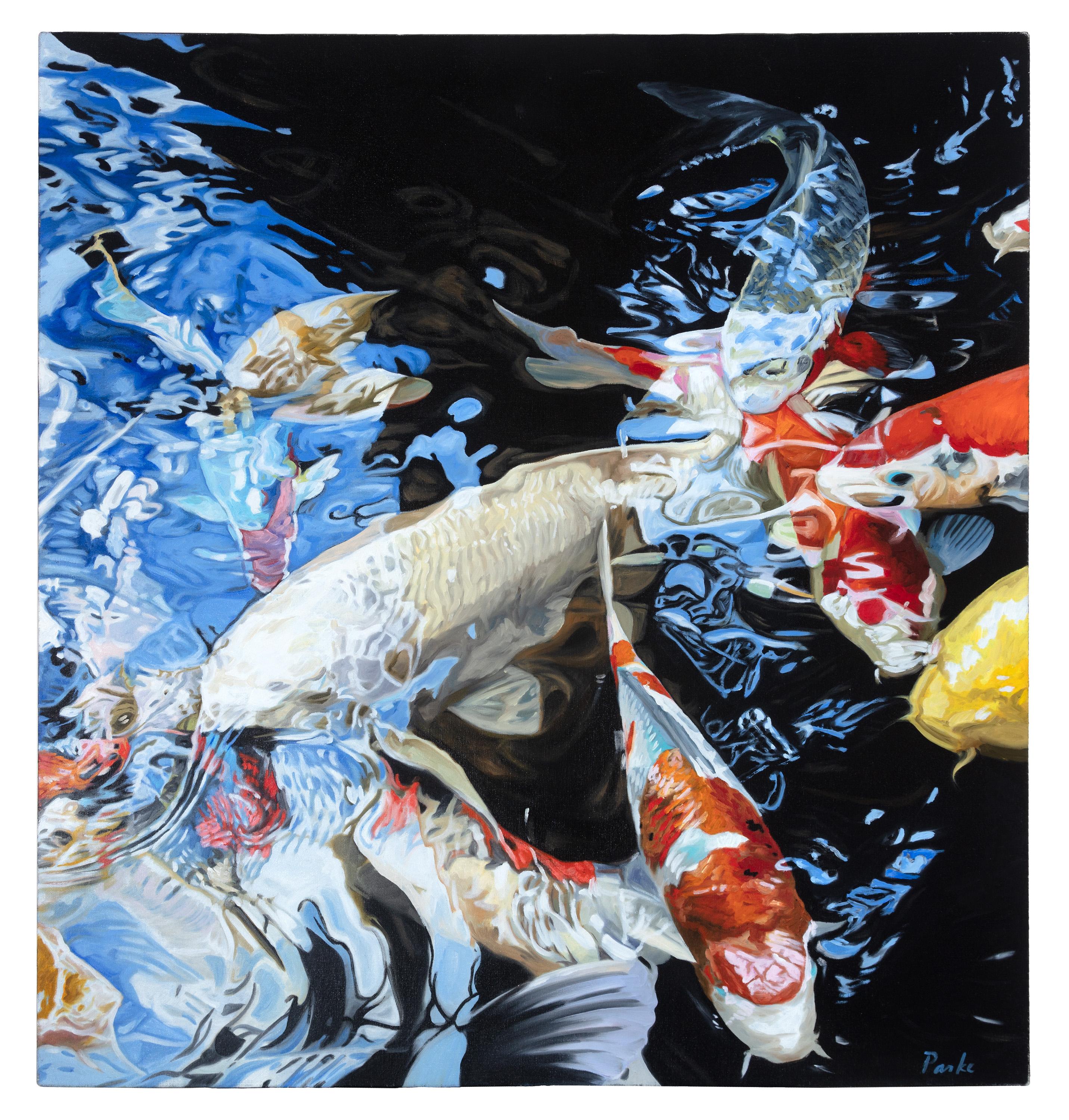 Leslie Parke Animal Painting - Contemporary oil painting photorealism koi fish water reflection signed