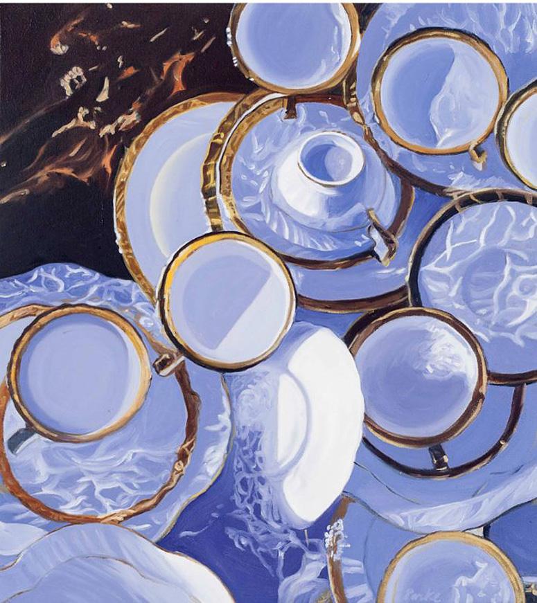Leslie Parke, "Floating Plates II", 20x18 China Water Oil Painting on Canvas