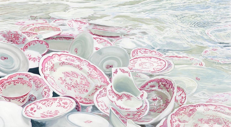 This piece, "Into the Ocean", is a 31x56 oil painting on canvas by artist Leslie Parke. Featured is an arrangement of porcelain china dinnerware, stacked and piled in the waters of the ocean, bringing movement to the composition through the ripples